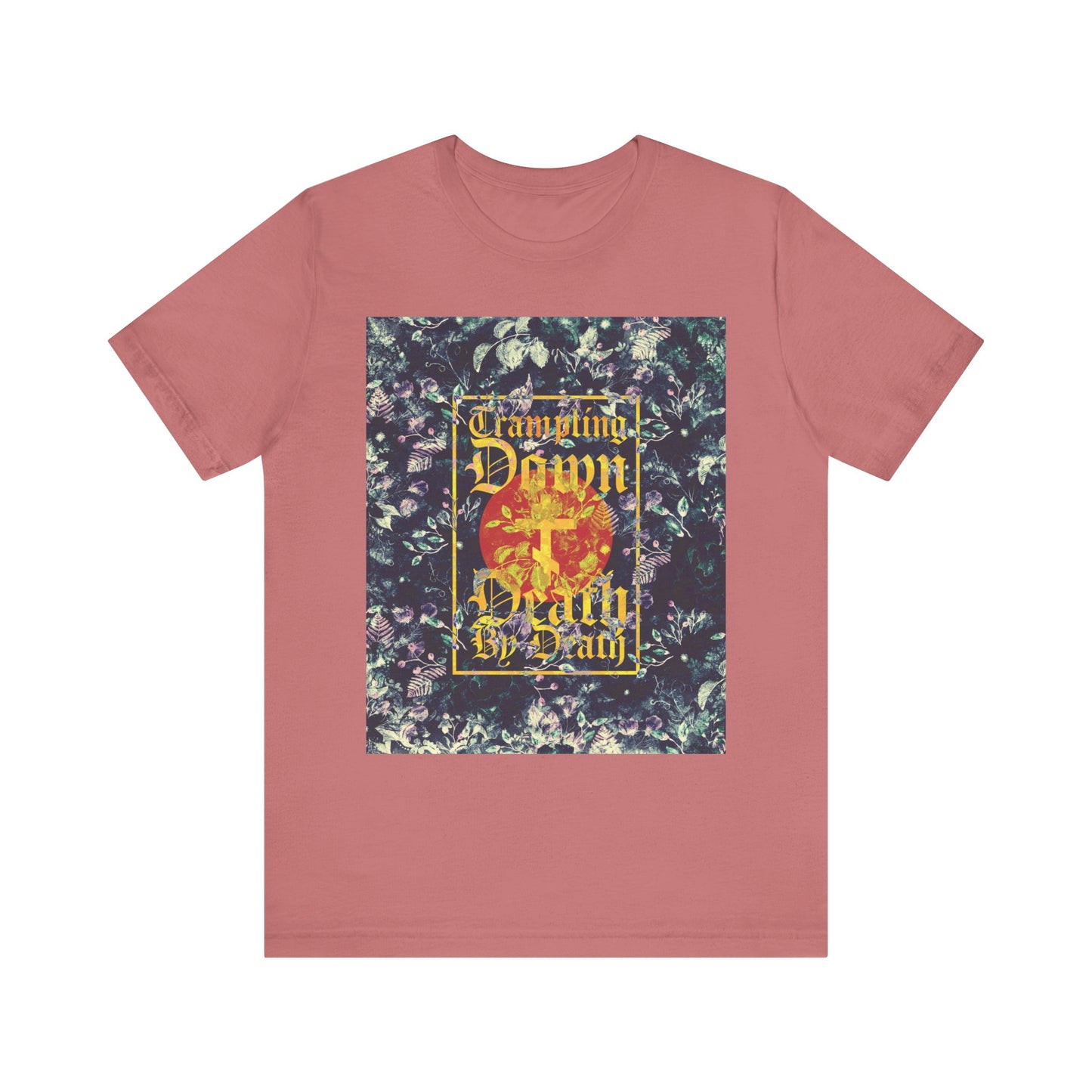 Introducing the "Trampling Down Death By Death" lightweight cotton unisex tee in mauve, featuring a Paschal floral design and ornate yellow Gothic script with a three-bar Cross on the front—celebrating Christ as the ultimate Conqueror of death, inspired by St. Nikolai Velimirovic’s Akathist to Jesus.