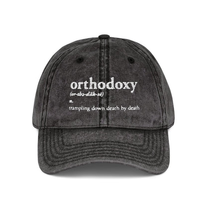 Orthodoxy Definition: Trampling Down Death By Death | Christ is King | Memento Mori | Pascha | Minimalist Christian Distressed Embroidered Cap