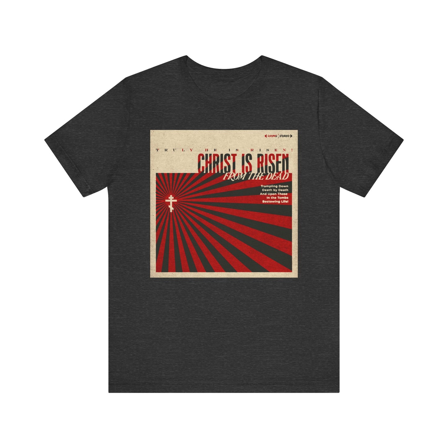 Dark Grey Heather tee featuring a retro LP cover design with "Christ is Risen from the Dead" Paschal Troparion, celebrating Christ’s resurrection and victory over death. Lightweight unisex cotton, perfect for Orthodox Christians.