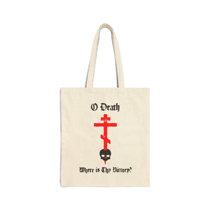 O Death Where is Thy Victory? 1 Cor 15:55 | Cross Stabbing Skull | Spraypaint Aesthetic | Orthodox Christian Canvas Tote Bag