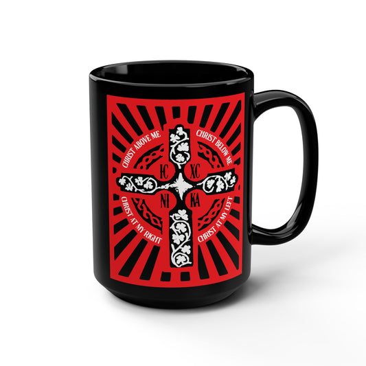 Red ICXC NIKA Enniskillen Celtic Cross | Lorica of St. Patrick | Shield Prayer | Orthodox Christian 15oz Black Mug
