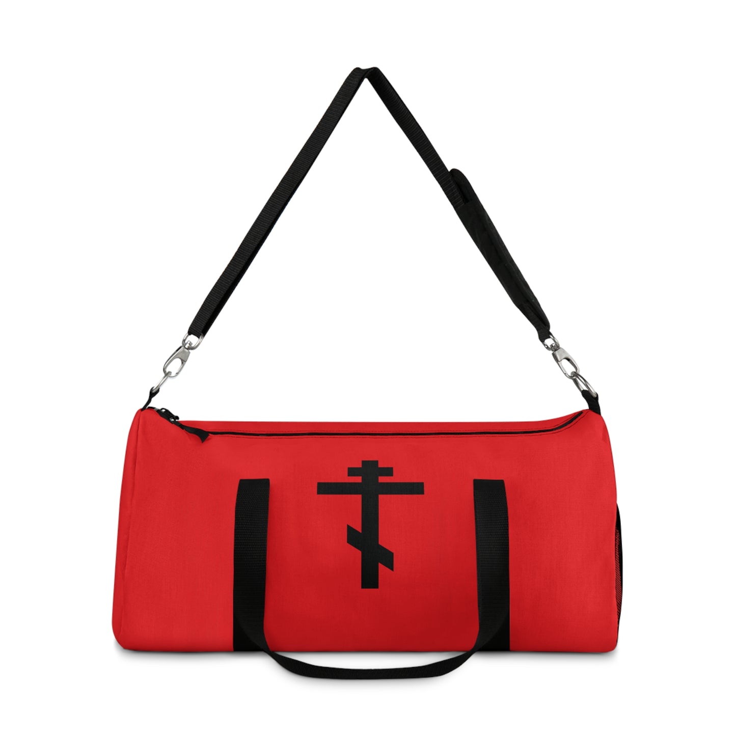 Red gym duffel bag with black handles, featuring a bold black Orthodox cross and the quote "May I never boast, except in the cross of our Lord Jesus Christ" (Gal 6:14)—a statement of faith for Orthodox Christians.