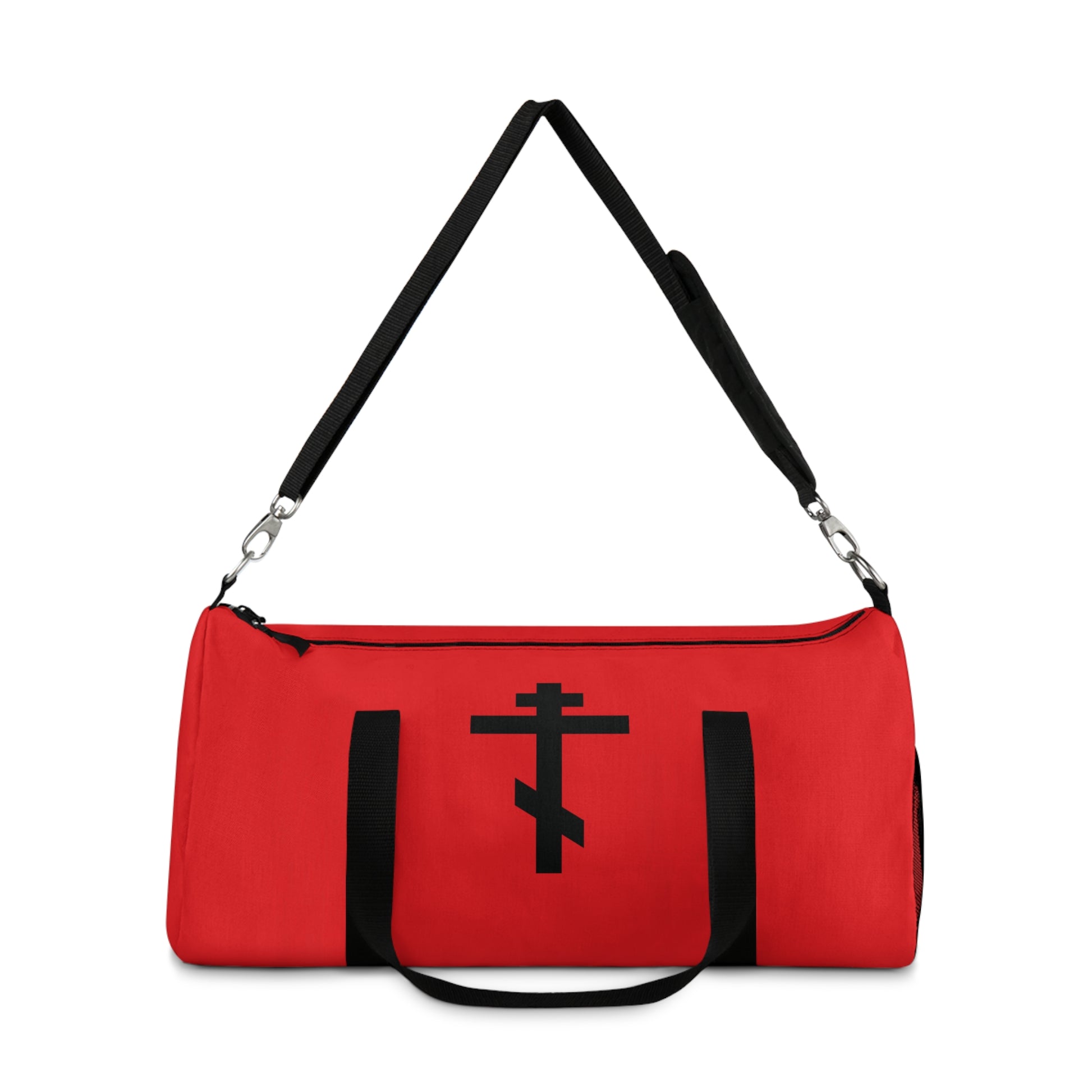 Red gym duffel bag with black handles, featuring a bold black Orthodox cross and the quote "May I never boast, except in the cross of our Lord Jesus Christ" (Gal 6:14)—a statement of faith for Orthodox Christians.