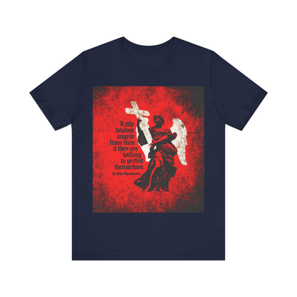 Navy "Little Divides Angels from Men" Orthodox Christian T-shirt featuring a textured cemetery angel and a quote on Christian perfection by St John Chrysostom—an ideal way to express your faith.