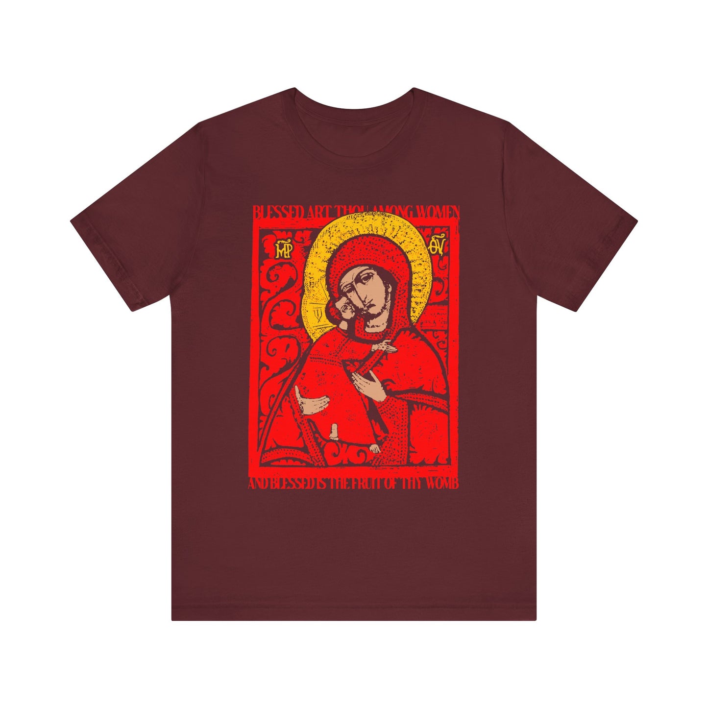 Introducing the Vladimir Theotokos IconoGraphic "Blessed Art Thou Among Women" Orthodox Christian Lightweight Cotton Unisex T-Shirt in maroon, showcasing a stylized, haloed depiction of the Virgin inspired by traditional iconography and adorned with intricate gold, red, and white decorative accents.