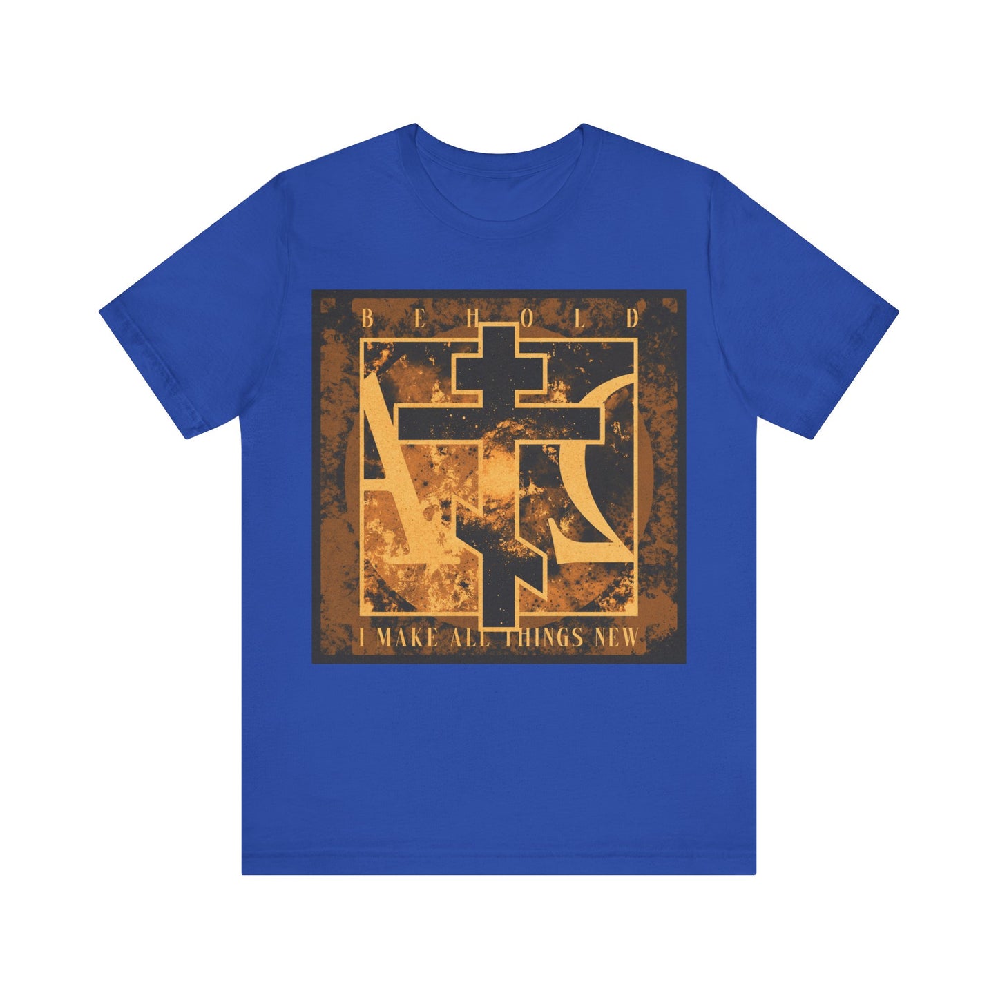 True Royal cotton t-shirt featuring a brown & orange Orthodox cross with Alpha & Omega, "Behold, I Make All Things New" (Rev 21:5), inspired by the promise of a new heaven and earth.