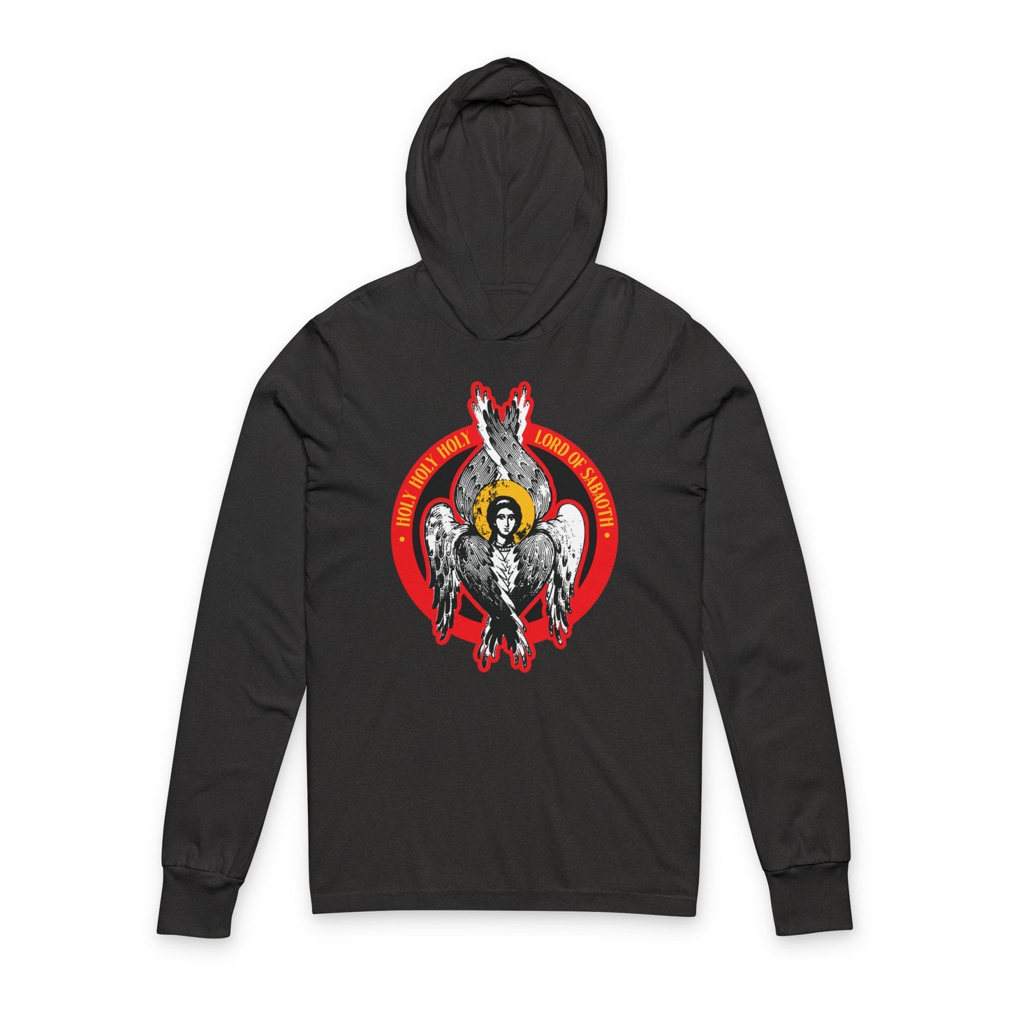 Charcoal Black TriBlend hoodie named "Holy Holy Holy, Lord of Sabaoth" features an Orthodox Seraphim angel iconographic design inspired by Isaiah 6, with wings and a halo on the front.