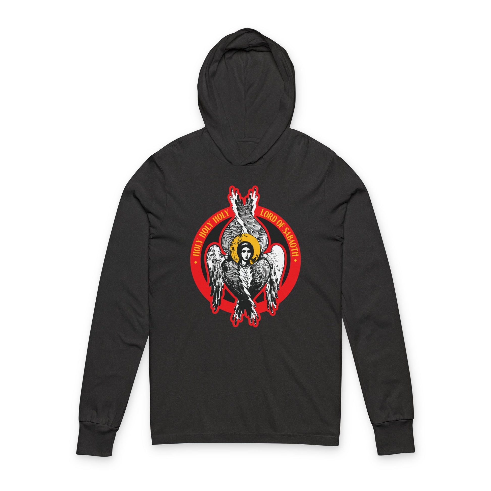 Charcoal Black TriBlend hoodie named "Holy Holy Holy, Lord of Sabaoth" features an Orthodox Seraphim angel iconographic design inspired by Isaiah 6, with wings and a halo on the front.