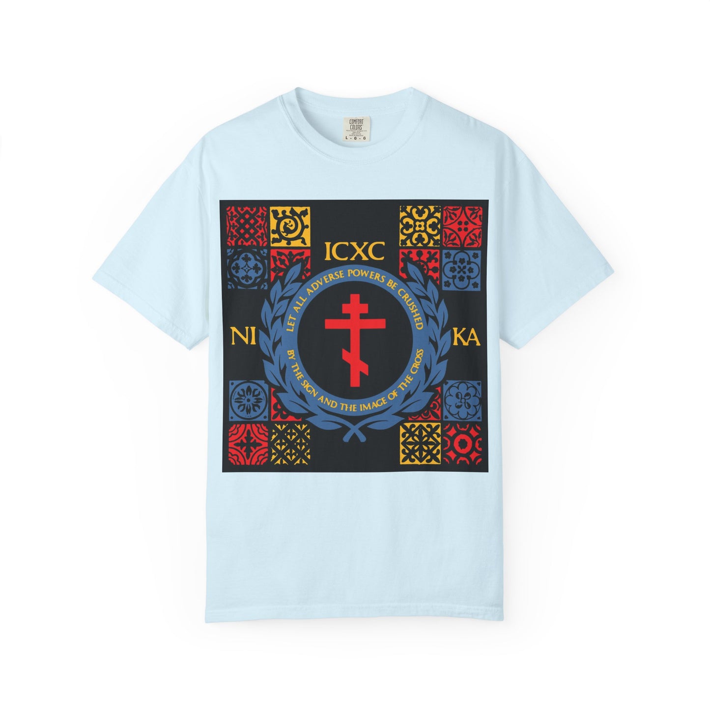 Chambray heavyweight cotton unisex T-shirt featuring a vibrant red, yellow, and blue medieval tile-style cross design with "ICXC NIKA" and the phrase "Let All Adverse Powers Be Crushed" at the center.