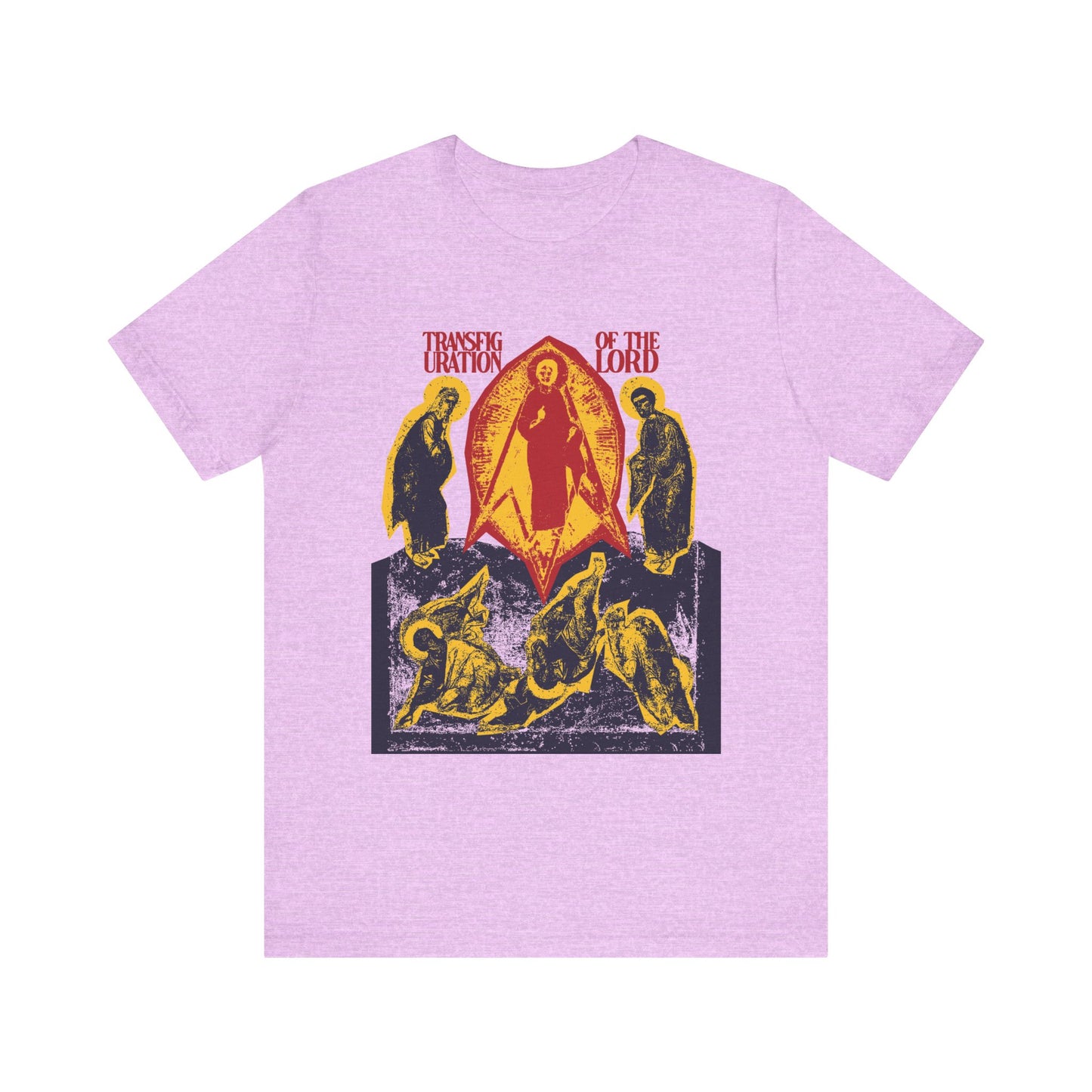 Heather Prism Lilac unisex tee featuring a punk zine-style Orthodox Christian "Transfiguration of the Lord" iconographic design, with red “Transfiguration of Christ” text inspired by the Troparion. Lightweight cotton.