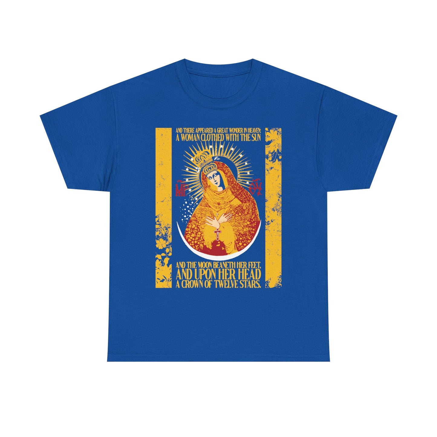 Royal blue midweight cotton unisex t-shirt featuring "Our Lady the Gate of Dawn | Woman of the Apocalypse Rev 12:1" design—a stylized depiction of the Most Holy Theotokos in flowing robes, surrounded by radiant sunbursts inspired by Revelation 12:1, adorned with gold floral texture details, yellow text, and a decorative border.