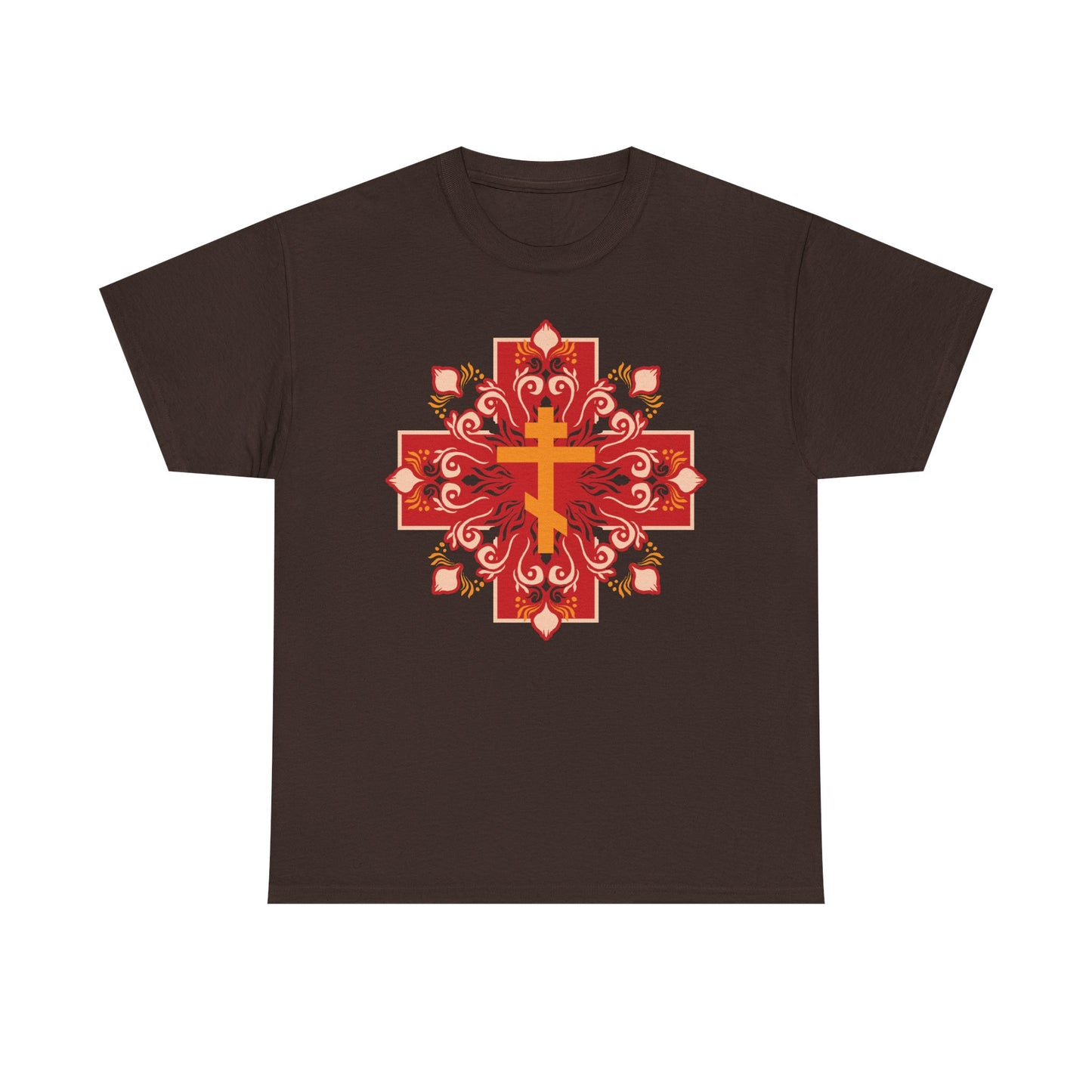 Dark Chocolate Orthodox Christian Heavy Cotton T-Shirt featuring an orange & red Orthodox cross with a festive design and the message "By His Wounds You Have Been Healed" (1 Peter 2:24), symbolizing patience and faith.