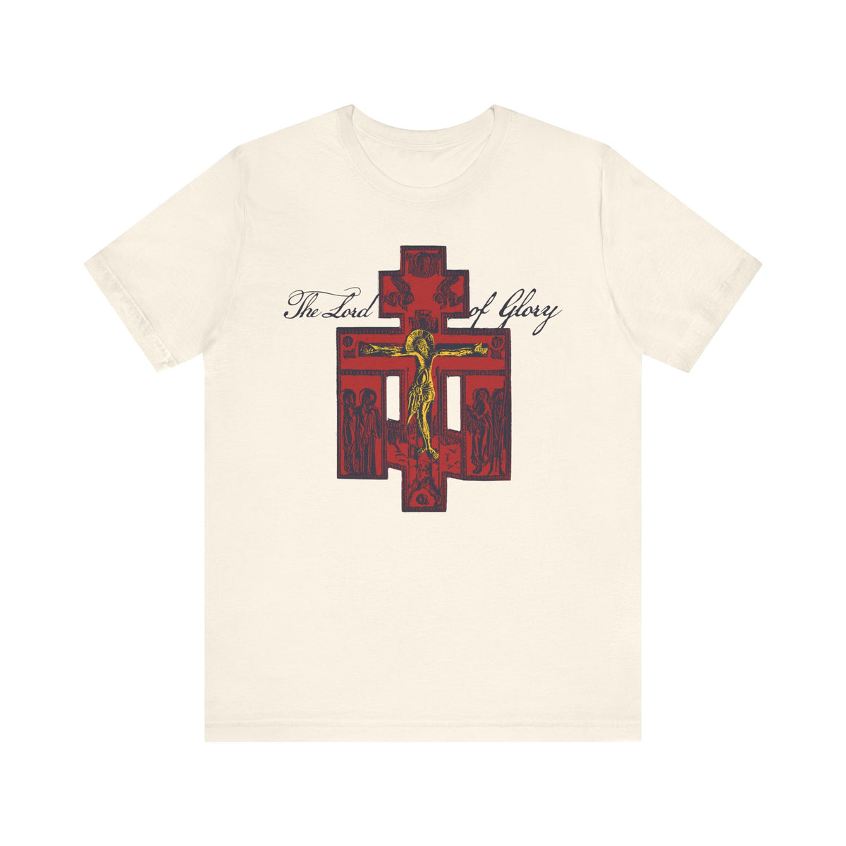 Natural-hued unisex lightweight cotton tee featuring a Russian Golgotha Crucifix iconographic design on the front with red cross, gold figure, dark silhouettes, and "The Lord of Glory" text—Orthodox Christian inspiration drawn from 1 Corinthians 2:8.
