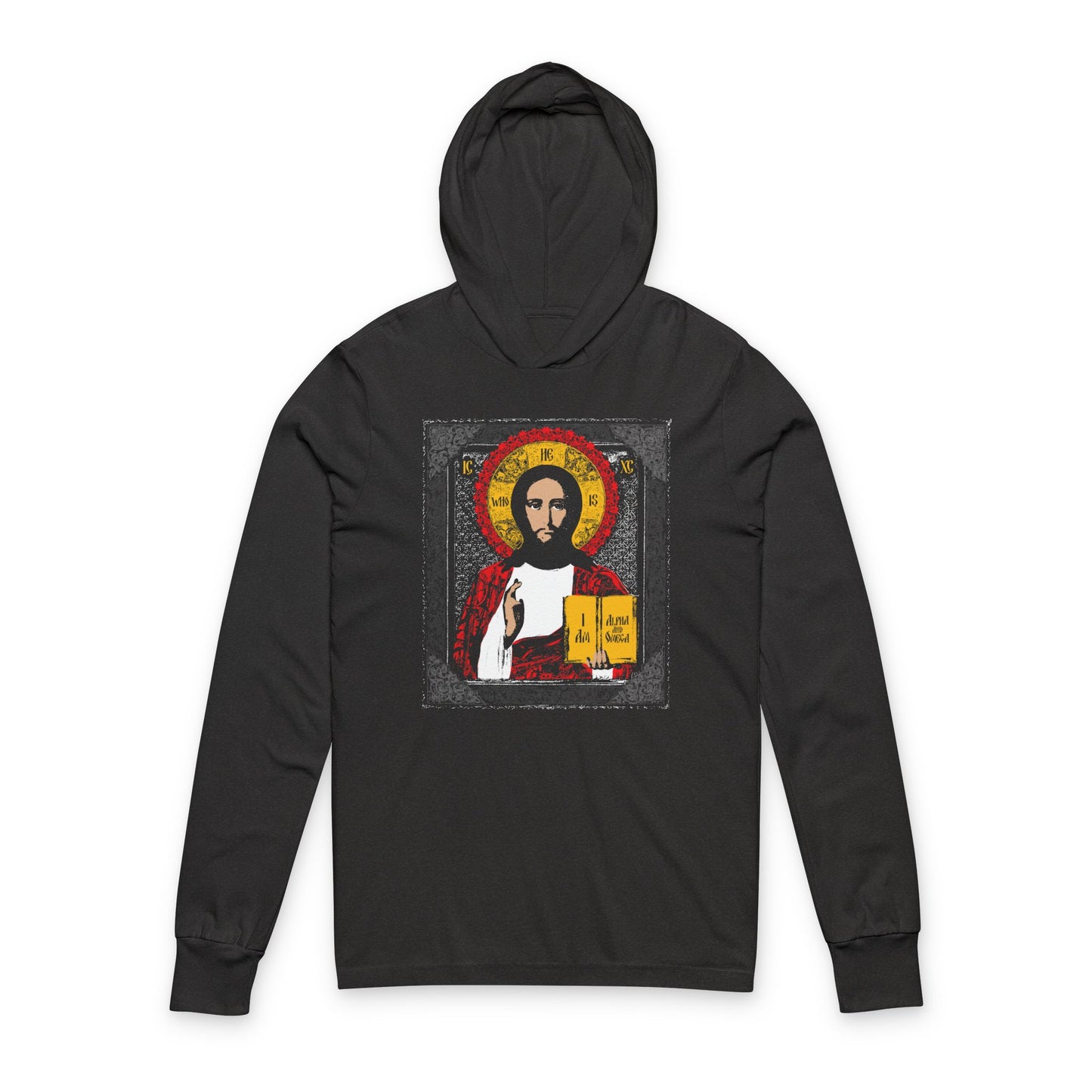Charcoal Black Christ Pantocrator Icono-Graphic hoodie featuring a figure holding a book, inspired by the ancient Jesus icon with red, yellow, and white accents. "He-Who-Is" and "I Am the Alpha and Omega" Orthodox design on cotton blend.