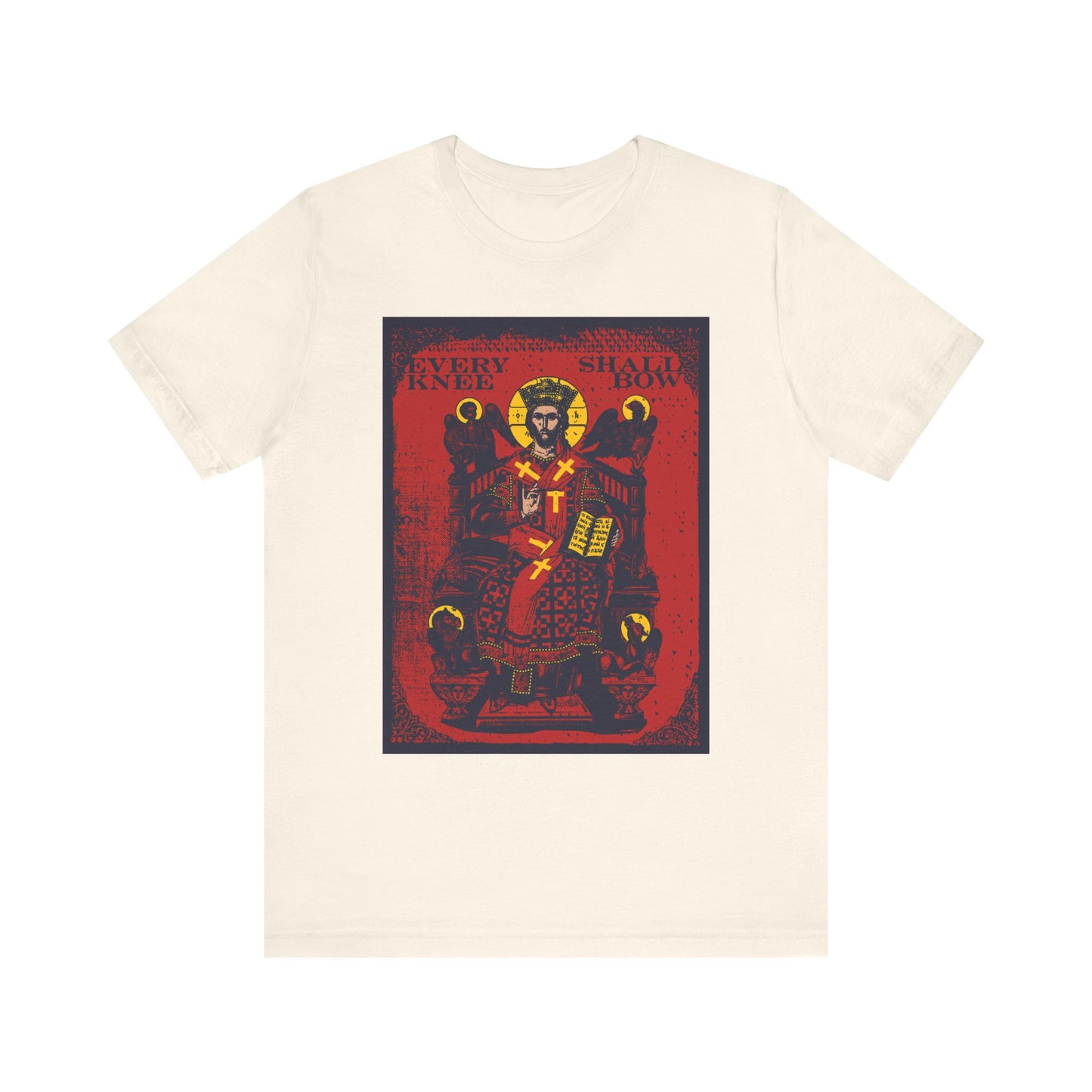 Natural unisex t-shirt with red and black Christ Enthroned IconoGraphic, featuring a crowned figure and bold "Every Knee Shall Bow" text, inspired by Phil 2:8-11, Isaiah 45:23, and Ezekiel's Chariot. Lightweight cotton.
