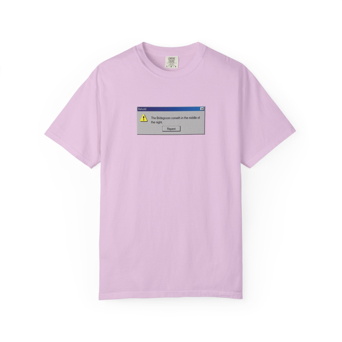 Orchid-colored “Behold the Bridegroom” heavyweight cotton unisex T-shirt featuring a Windows error message graphic on the chest, inspired by Orthodox Christian themes of confession and reflection.