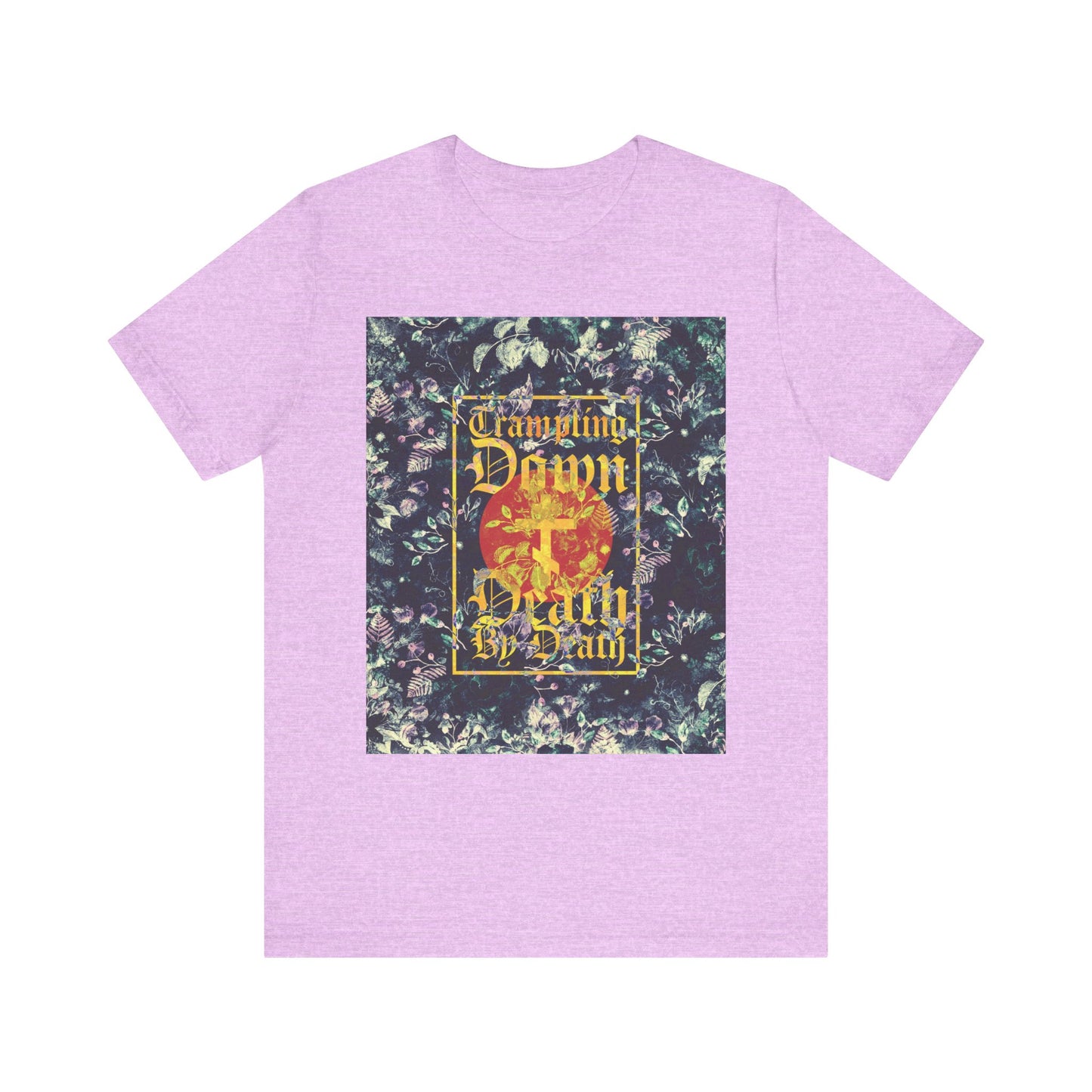 Heather Prism Lilac Orthodox Lightweight Cotton Unisex Tee featuring a Paschal floral design, yellow gothic "Trampling Down Death By Death" script, and a three-bar cross—an homage to the spirit of Jesus Conqueror and the reverent Akathist to Jesus.