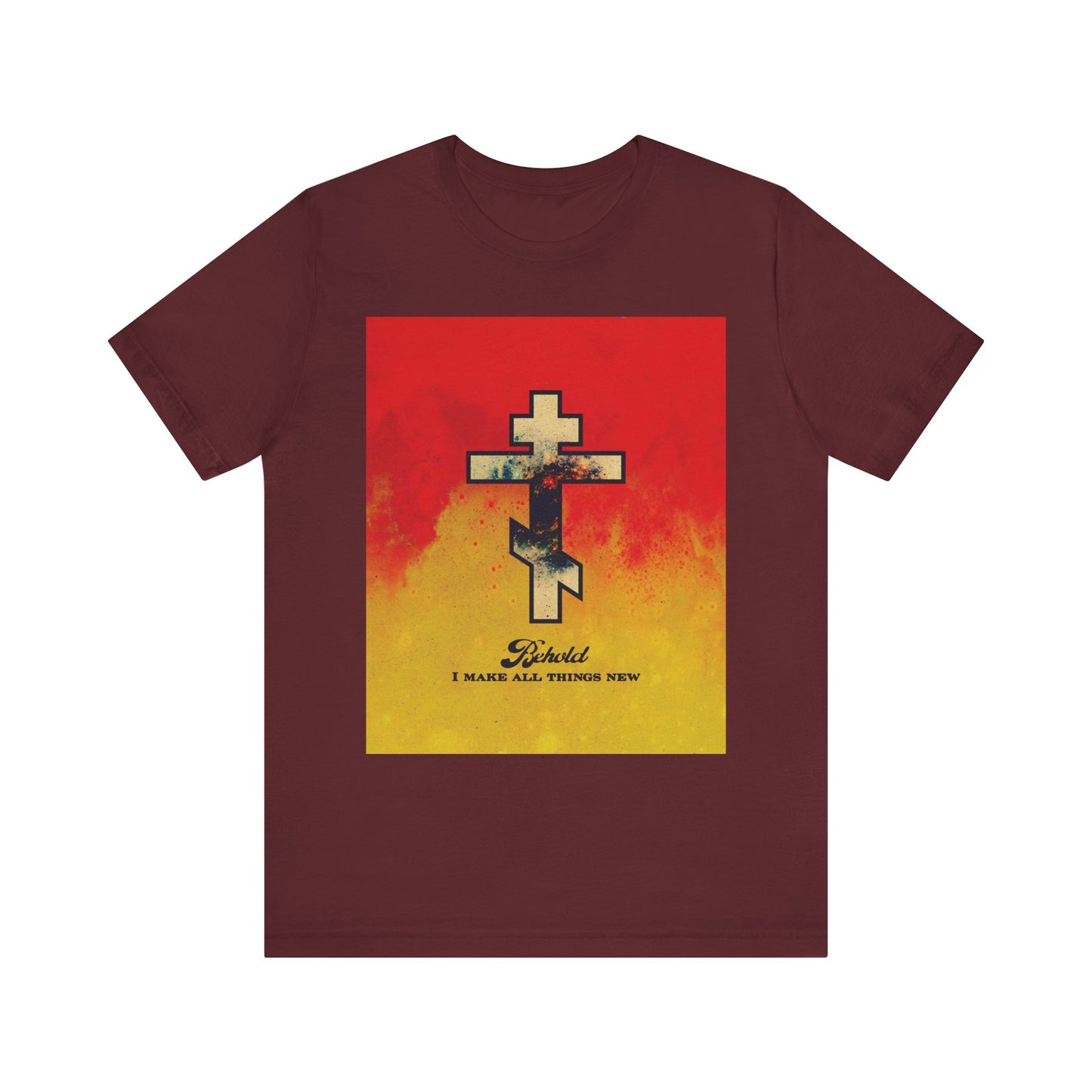 Maroon “Behold, I Make All Things New (Rev 21:5)” unisex tee featuring a cosmic Orthodox cross on a red and yellow background. Lightweight cotton.