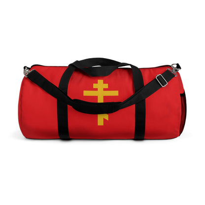 Red duffel bag with black straps featuring a yellow Orthodox cross on red background, inspired by Galatians 2:20—Precious and Life-Giving Weapon, Scourge of Demons; ideal Christian gym accessory.