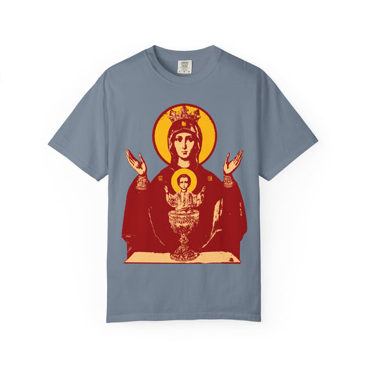 Blue jean t-shirt featuring a stylized red and yellow graphic of the Holy Theotokos "Deliverer from Addictions," inspired by the revered Inexhaustible Chalice icon—crafted in heavyweight cotton for a unisex fit.