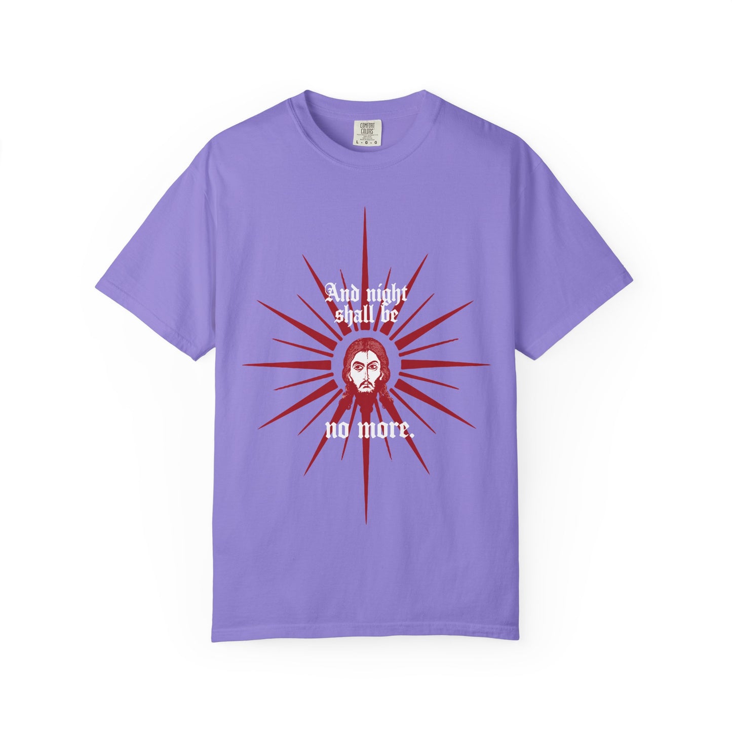 And Night Shall Be No More (Rev 22:5) | Red & White Design | Face of Jesus Christ Icono-Graphic | Orthodox Heavyweight Cotton Unisex Tee