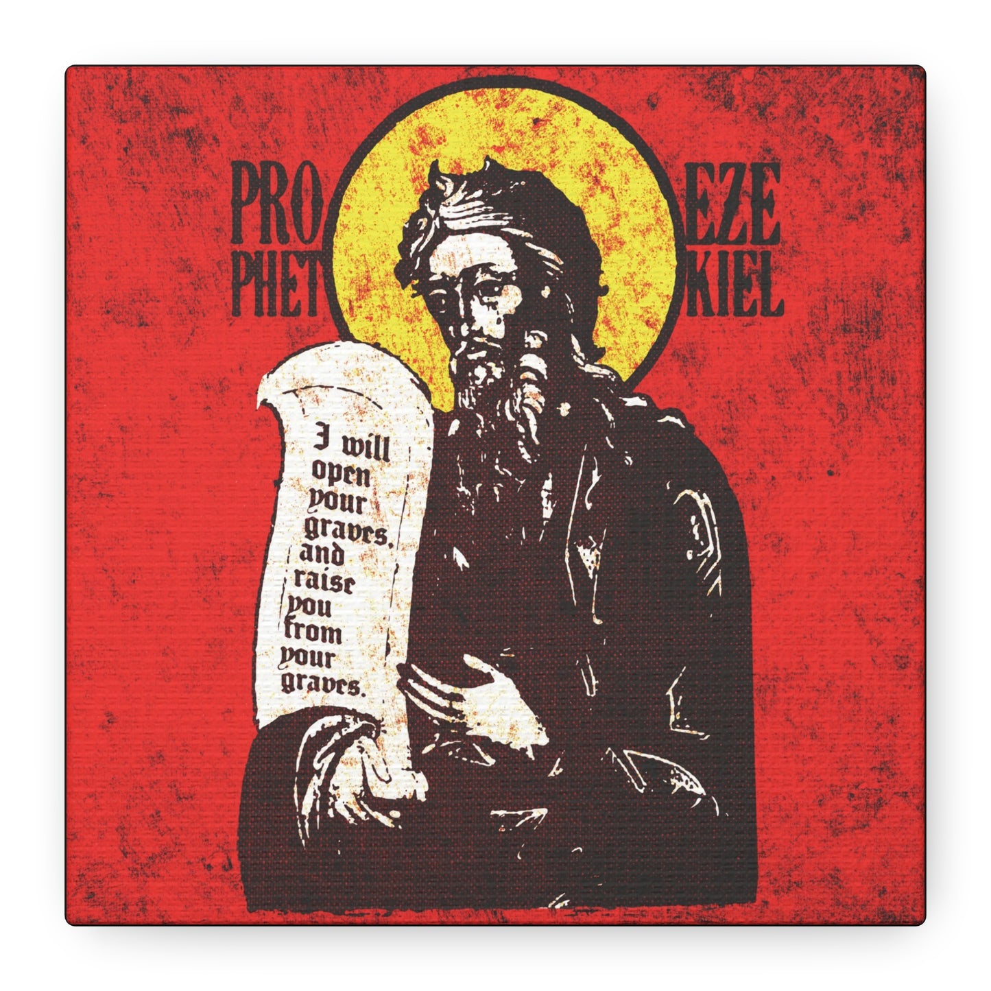 Prophet Ezekiel IconoGraphic | Textured, High Contrast Bright Red and Yellow Design | Old Testament | Orthodox Christian Canvas Art