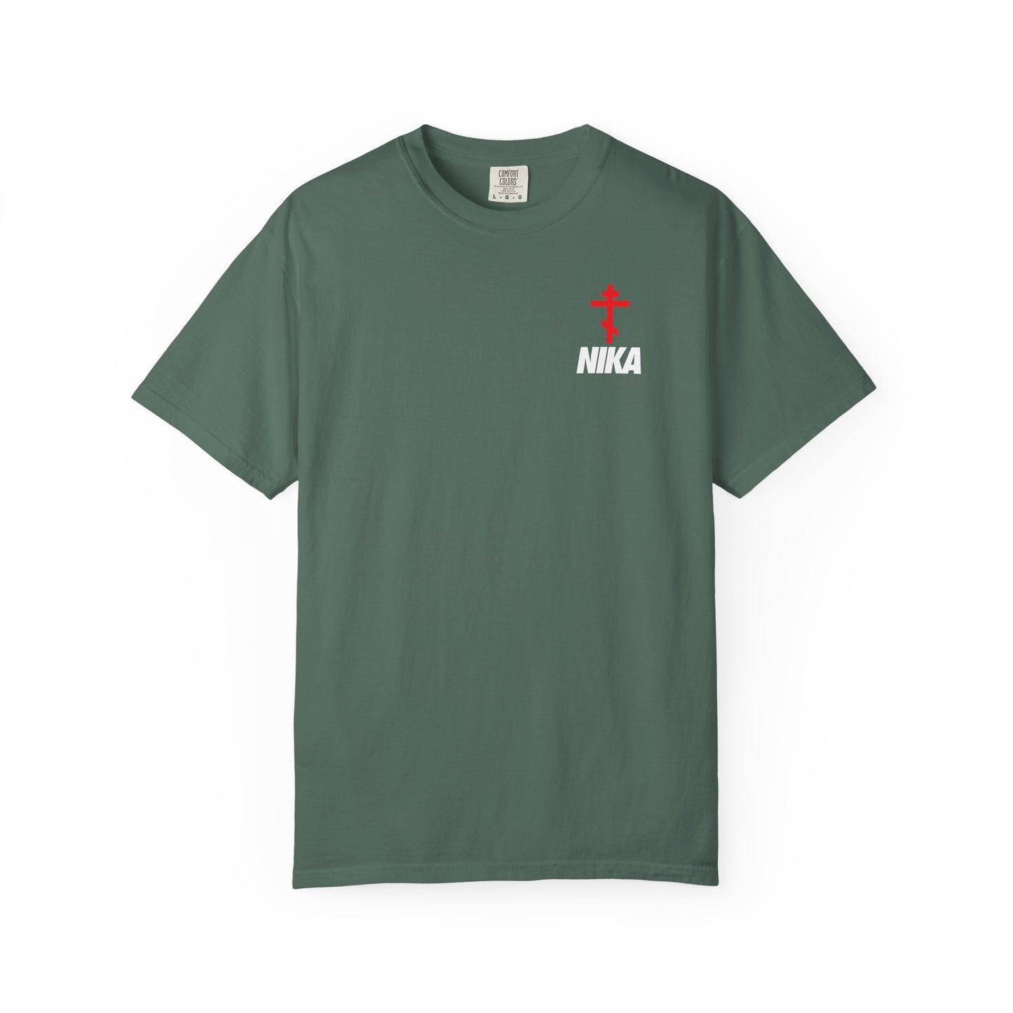 Orthodox Cross with Bold NIKA Text | Small Design | NIKE Logo Mashup | Athletic Ascetic Fashion | Christian Heavyweight Cotton Unisex Tee
