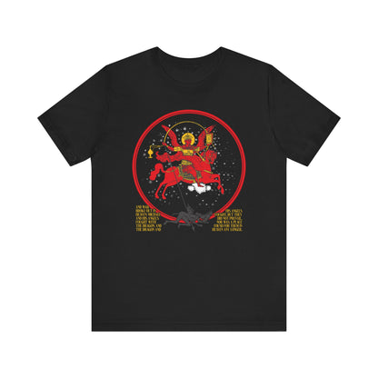 Black "Archangel Michael of the Apocalypse Iconographic / Death is Swallowed Up In Victory" double-sided lightweight cotton unisex T-shirt featuring Michael on horseback defeating a dragon, inspired by Revelation 12:7-9, with gold and red accents.