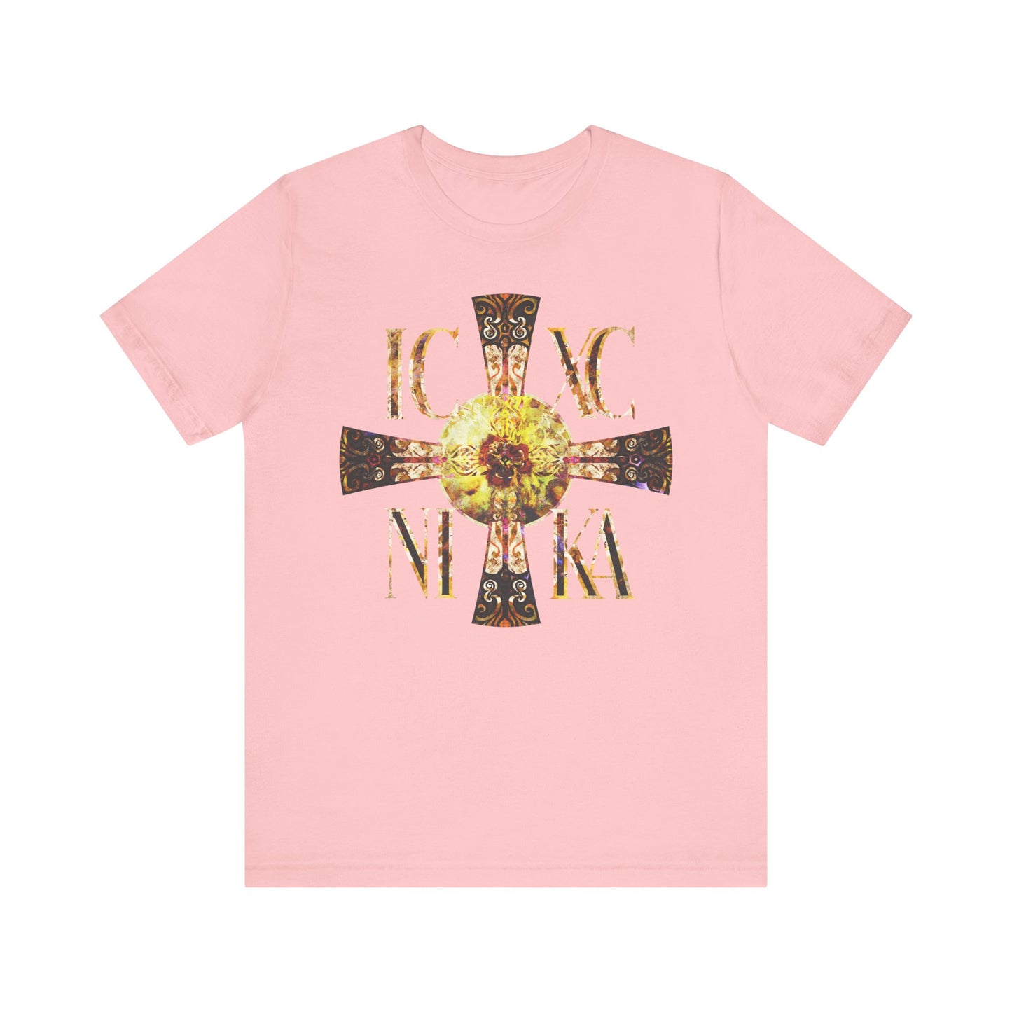 Pink “ICXC NIKA Celtic Style Equal Armed Cross” tee with bright solar texture, inspired by Orthodox tradition. Lightweight cotton unisex shirt featuring ornate cross design in pink.