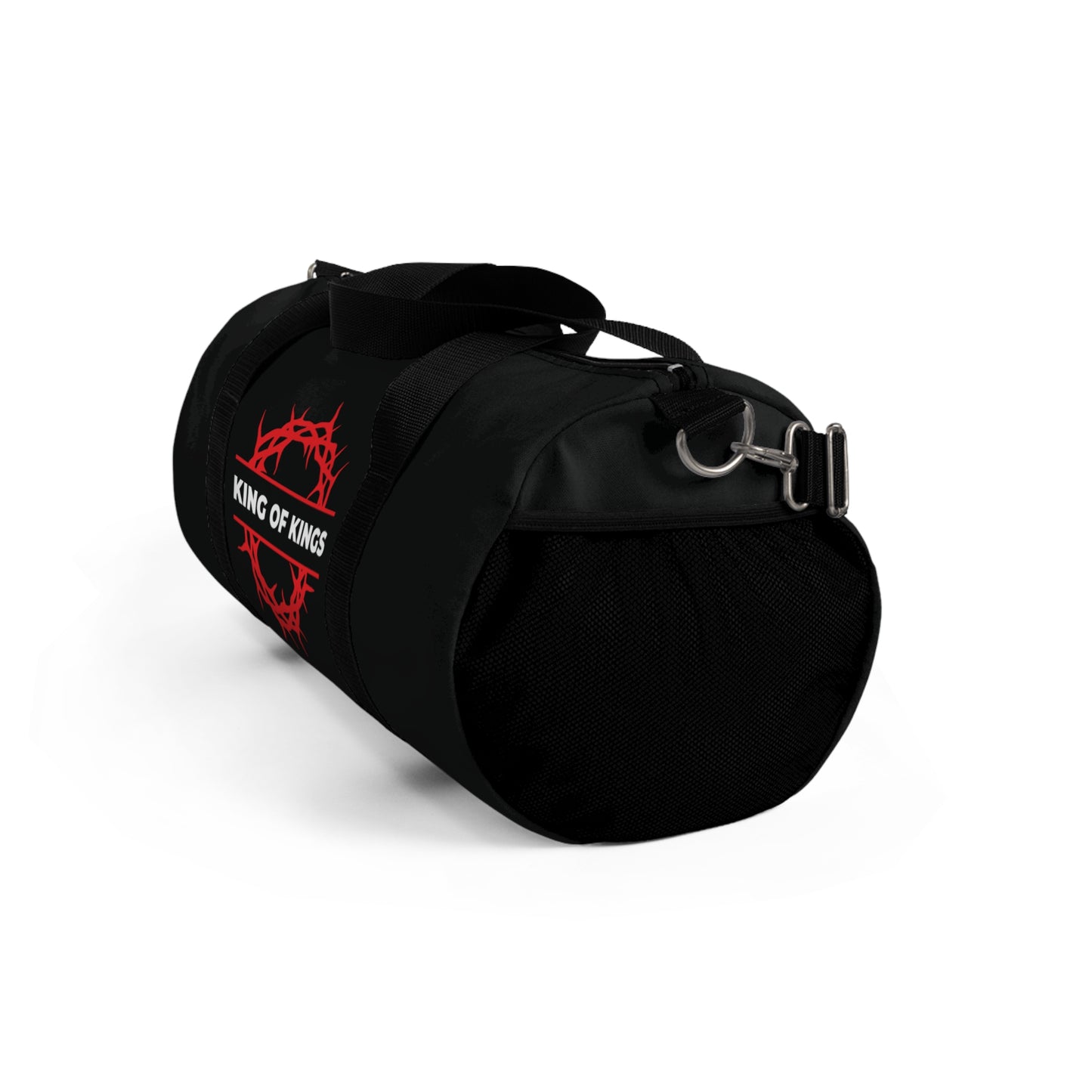 The King of Kings Crown of Thorns Christian duffel bag features a bold red crown of thorns graphic, “KING OF KINGS” text, and highlights Revelation 19:16—Christ is King and the King of Glory. Perfect for gym or travel.