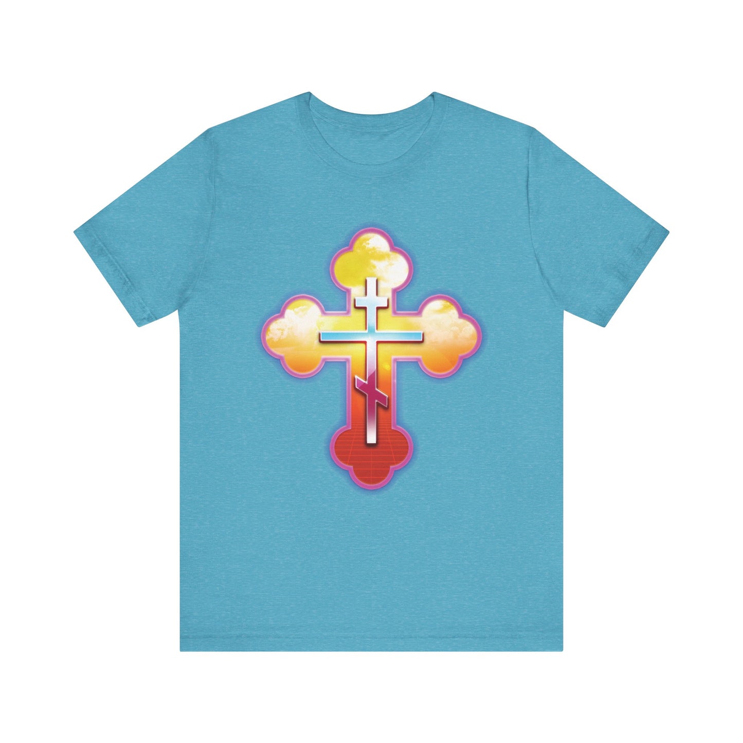 80s Synthwave Retrowave Outrun Aesthetic | Glowing & Reflective Gold & Red Three-Bar Cross | Lightweight Cotton Unisex Tee