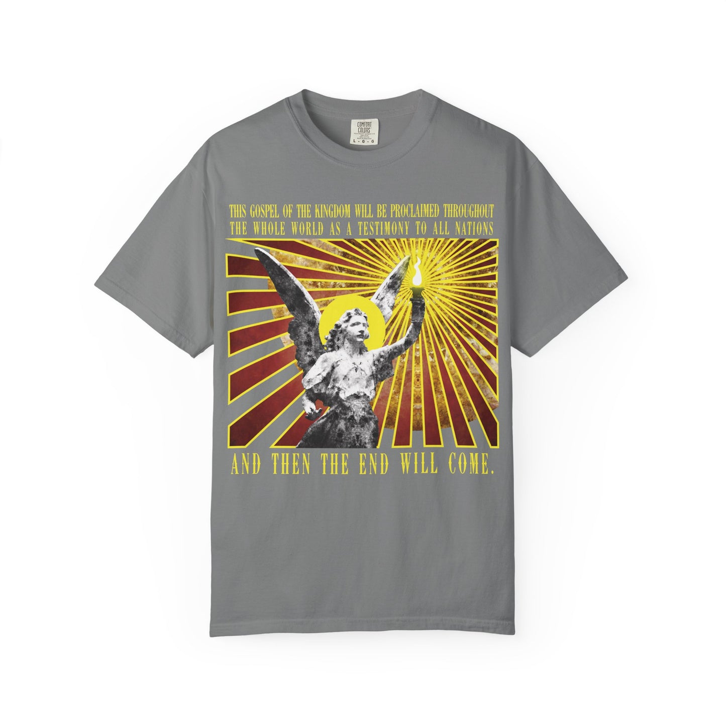 Introducing the “And Then the End Will Come (Matthew 24:14) Cemetery Angel Holding Lamp Emitting Rays” Christian heavyweight cotton unisex T-shirt in grey—featuring a powerful statue design with radiant yellow lamp rays and bold text about spreading the gospel, tribulation, and cautioning against false prophets.