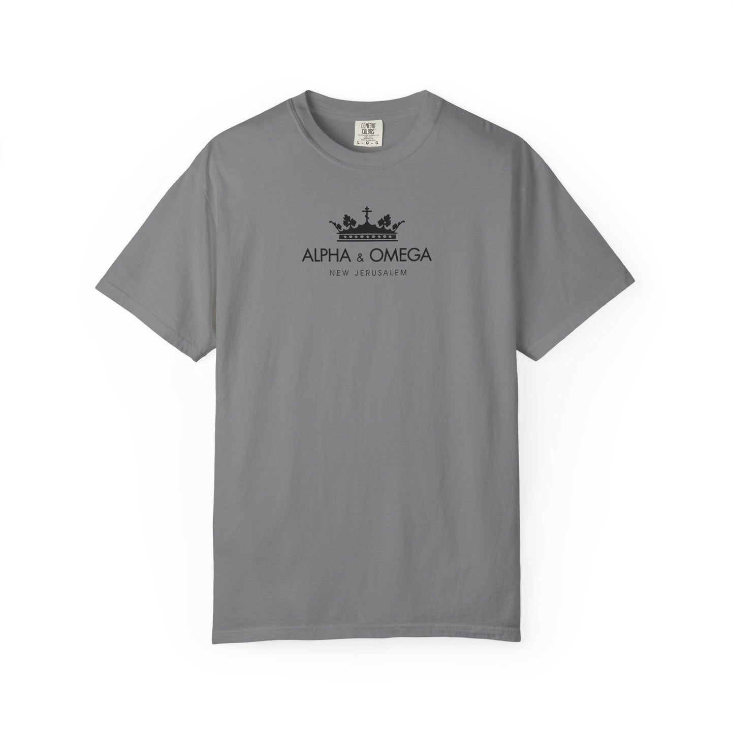 Grey heavyweight cotton unisex T-shirt featuring a black crown with an Orthodox cross and “Alpha & Omega New Jerusalem” printed on the chest, inspired by Revelation and the mystical significance of Christ the Eternal Tao.