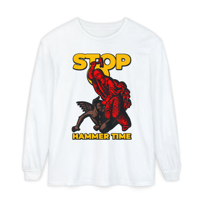 White long-sleeve shirt: "St Marina of Antioch Beating the Devil with a Hammer | Stop, Hammer Time" – features a red, blue, and yellow design inspired by the saint's life. Modern Orthodox meme. Christian-themed.