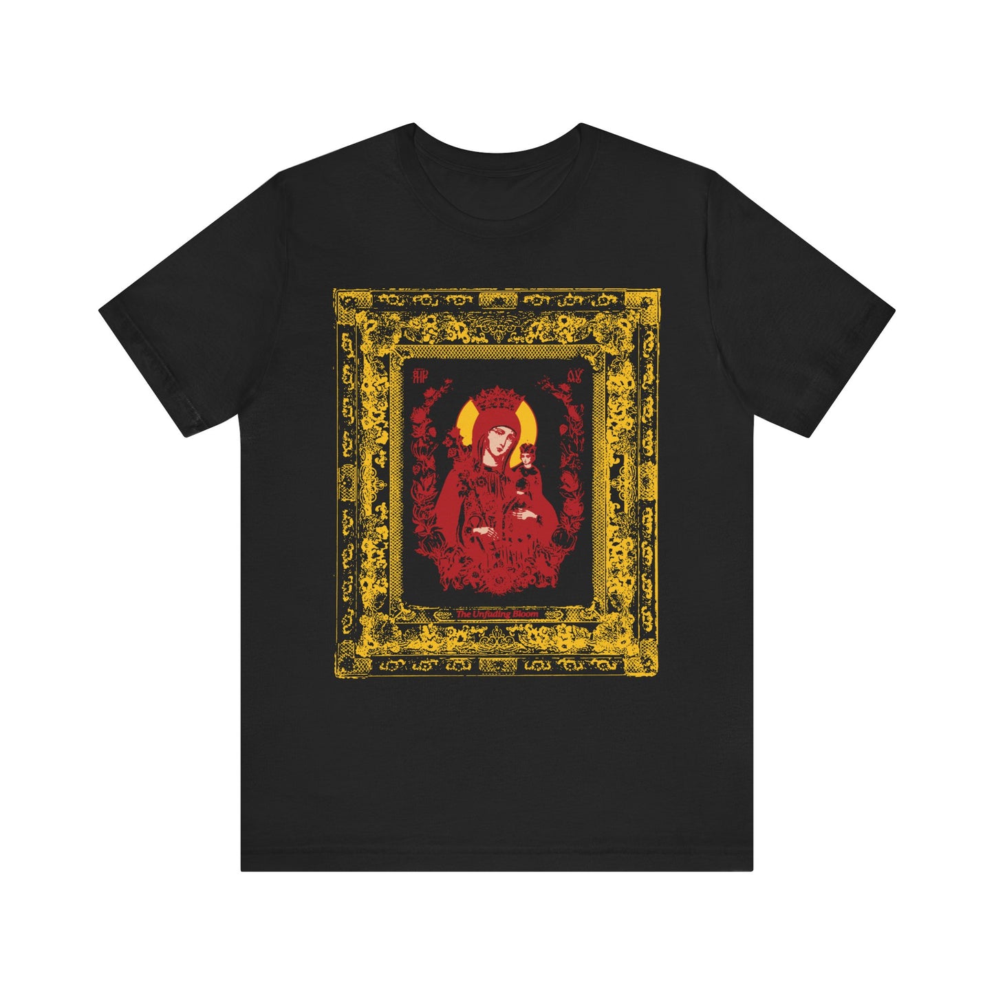 Black "Unfading Bloom Ornate Theotokos Iconographic" tee featuring a crowned depiction of Mary, the Mother of God, in striking red hues and framed by intricate gold and black borders; crafted from lightweight cotton for Orthodox Christian devotion.
