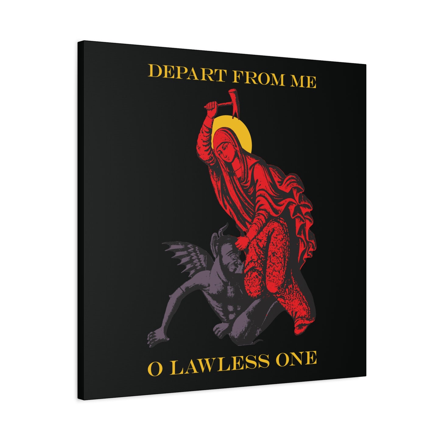St Marina IconoGraphic (Depart from Me O Lawless One) | Saint Beating the Devil with a Hammer | Orthodox Christian Canvas Art