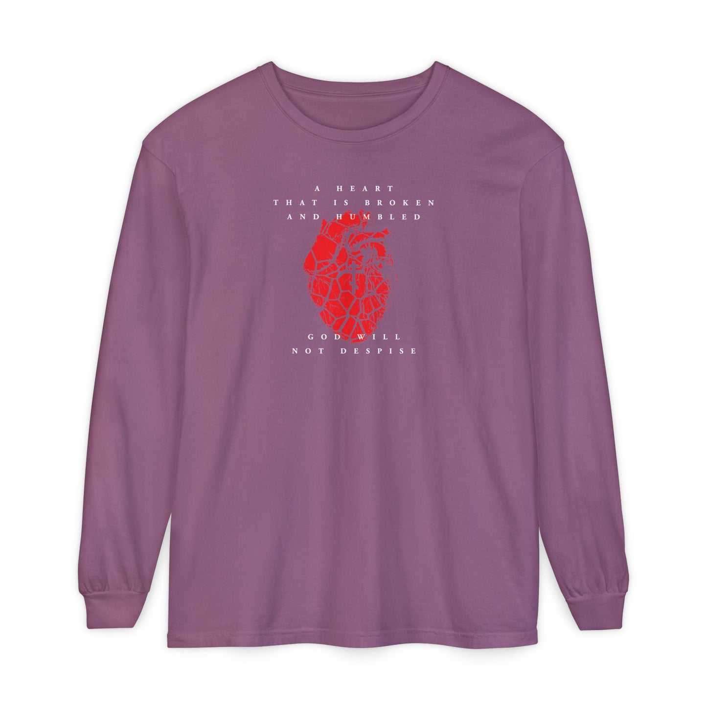 Berry long-sleeve cotton shirt with a cracked heart and Orthodox cross design, inspired by Psalm 51—A Heart That is Broken and Humbled God Will Not Despise. A Christian reminder of repentance and faith.