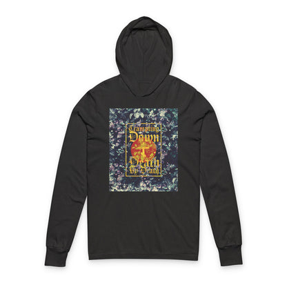 Trampling Down Death By Death | Paschal Floral Design with Gothic Script and Three-Bar Cross | Orthodox Long Sleeve Hooded Shirt