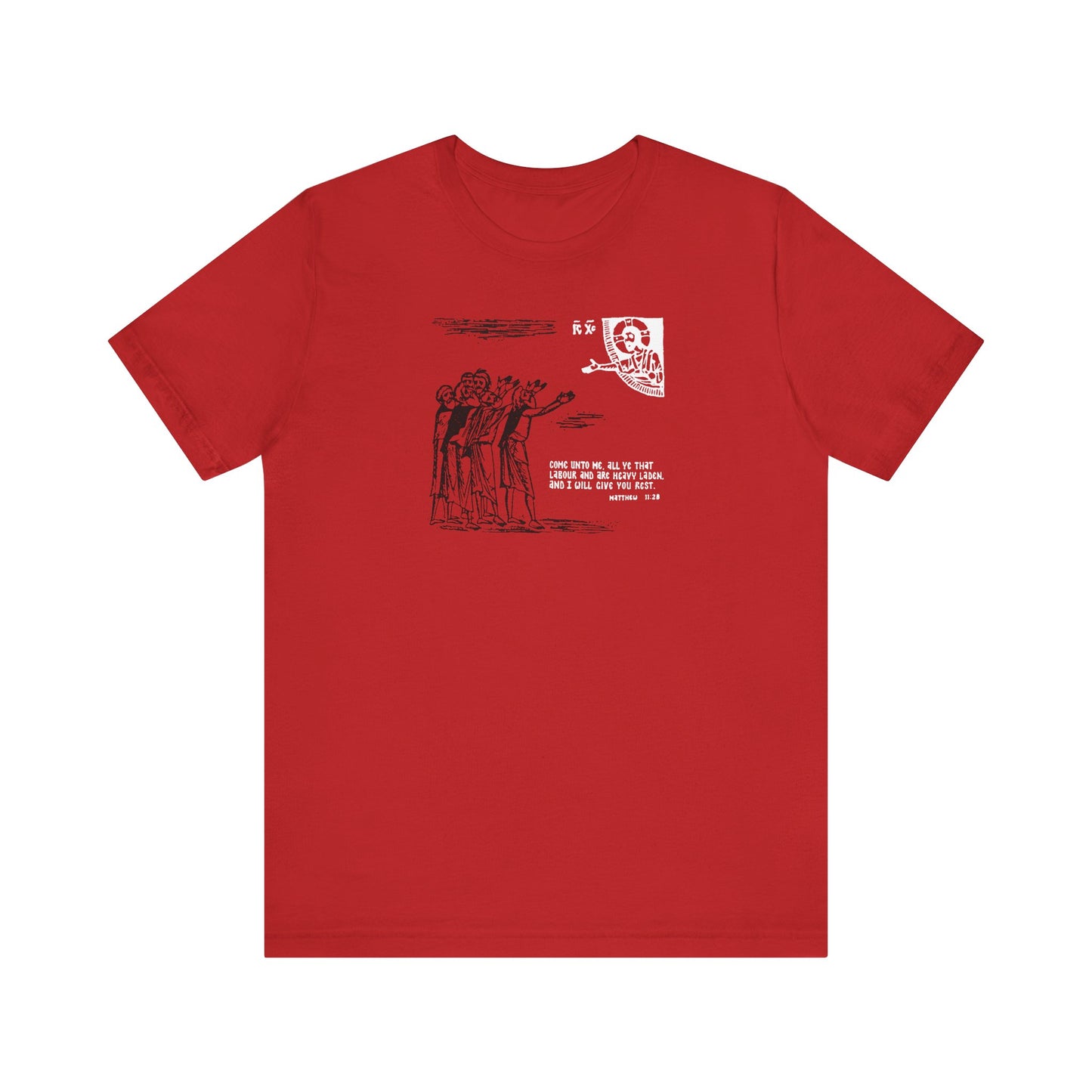 Red lightweight unisex tee featuring an icono-graphic line art drawing and white text "Come Unto Me All Ye That Labour & Are Heavy Laden (Matt. 11:28)", inspired by Orthodox teachings.