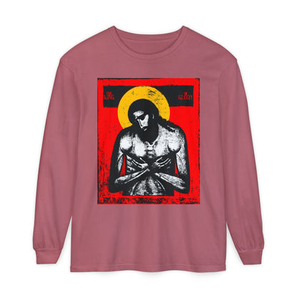 Crimson long-sleeve "Extreme Humility" shirt featuring a red, yellow, white, and black Christian devotional image inspired by The King of Glory Jesus Christ.
