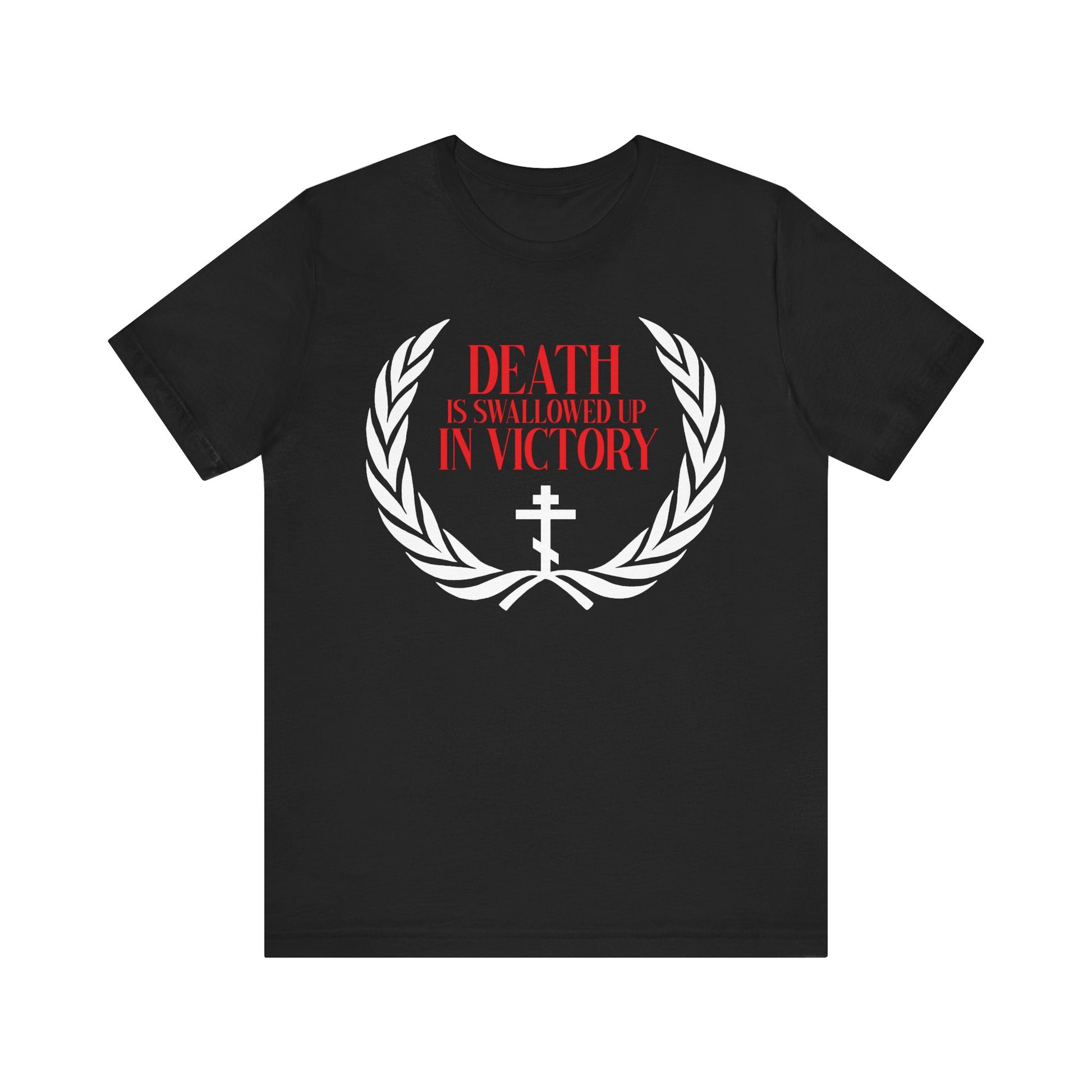 Black lightweight cotton t-shirt featuring an Orthodox cross, victory wreath, and “Death is Swallowed Up In Victory” (1 Cor 15:54) in red and white—a bold Christian symbol of triumph over death.