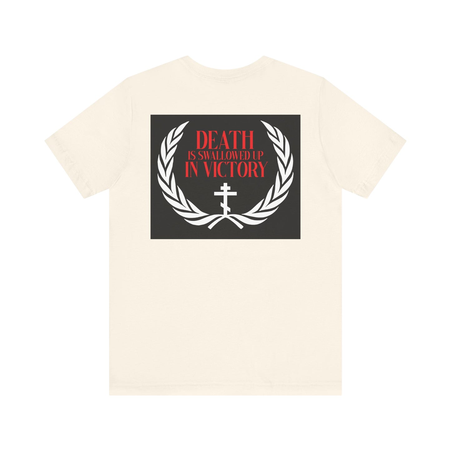 The Archangel Michael of the Apocalypse Iconographic / Death is Swallowed Up In Victory DOUBLE-SIDED unisex tee features a black rectangle, laurel wreath, cross, and "Death is Swallowed Up in Victory" text. Lightweight cotton.