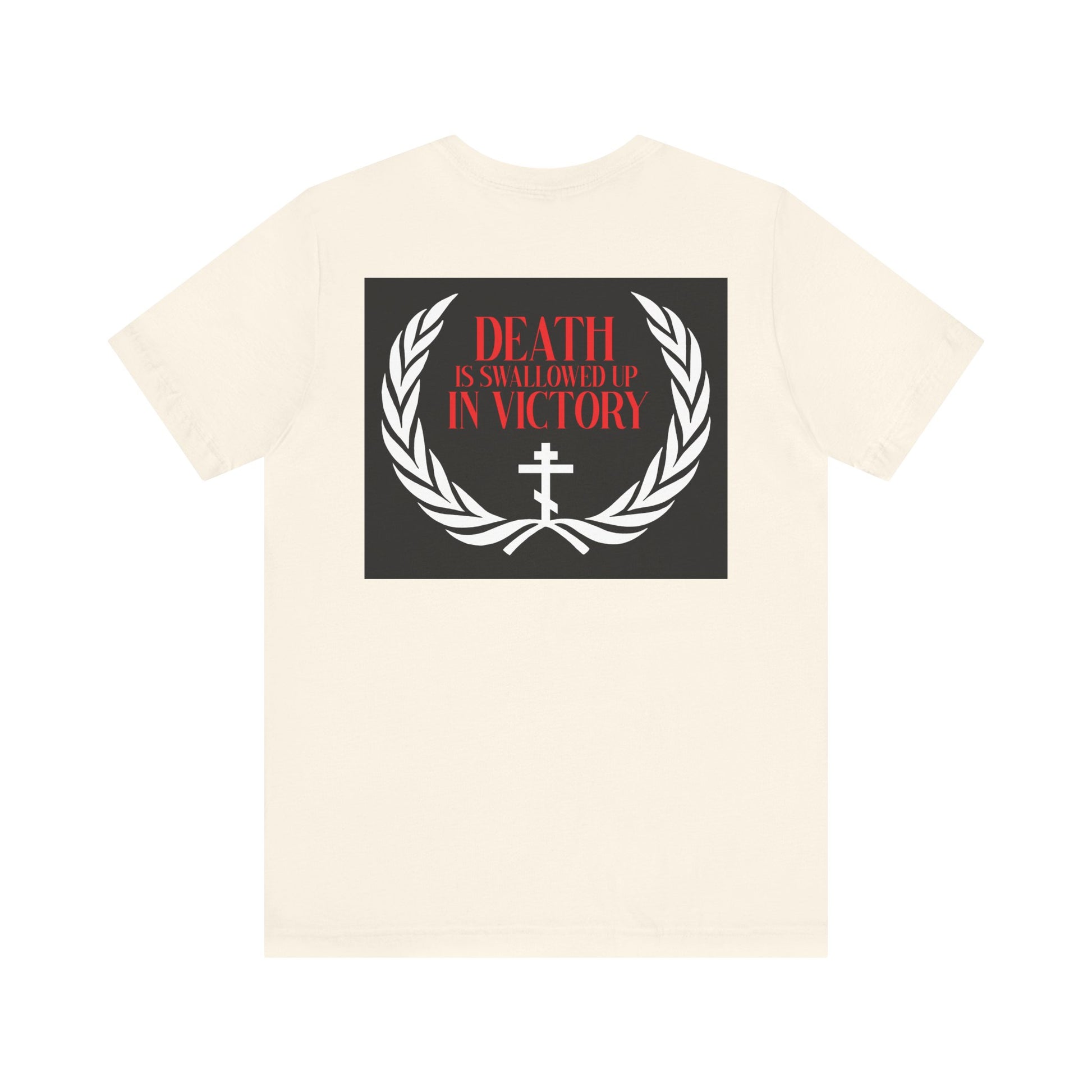 The Archangel Michael of the Apocalypse Iconographic / Death is Swallowed Up In Victory DOUBLE-SIDED unisex tee features a black rectangle, laurel wreath, cross, and "Death is Swallowed Up in Victory" text. Lightweight cotton.