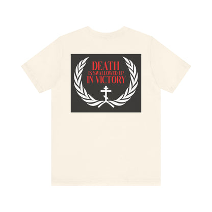 The Archangel Michael of the Apocalypse Iconographic / Death is Swallowed Up In Victory DOUBLE-SIDED unisex tee features a black rectangle, laurel wreath, cross, and "Death is Swallowed Up in Victory" text. Lightweight cotton.