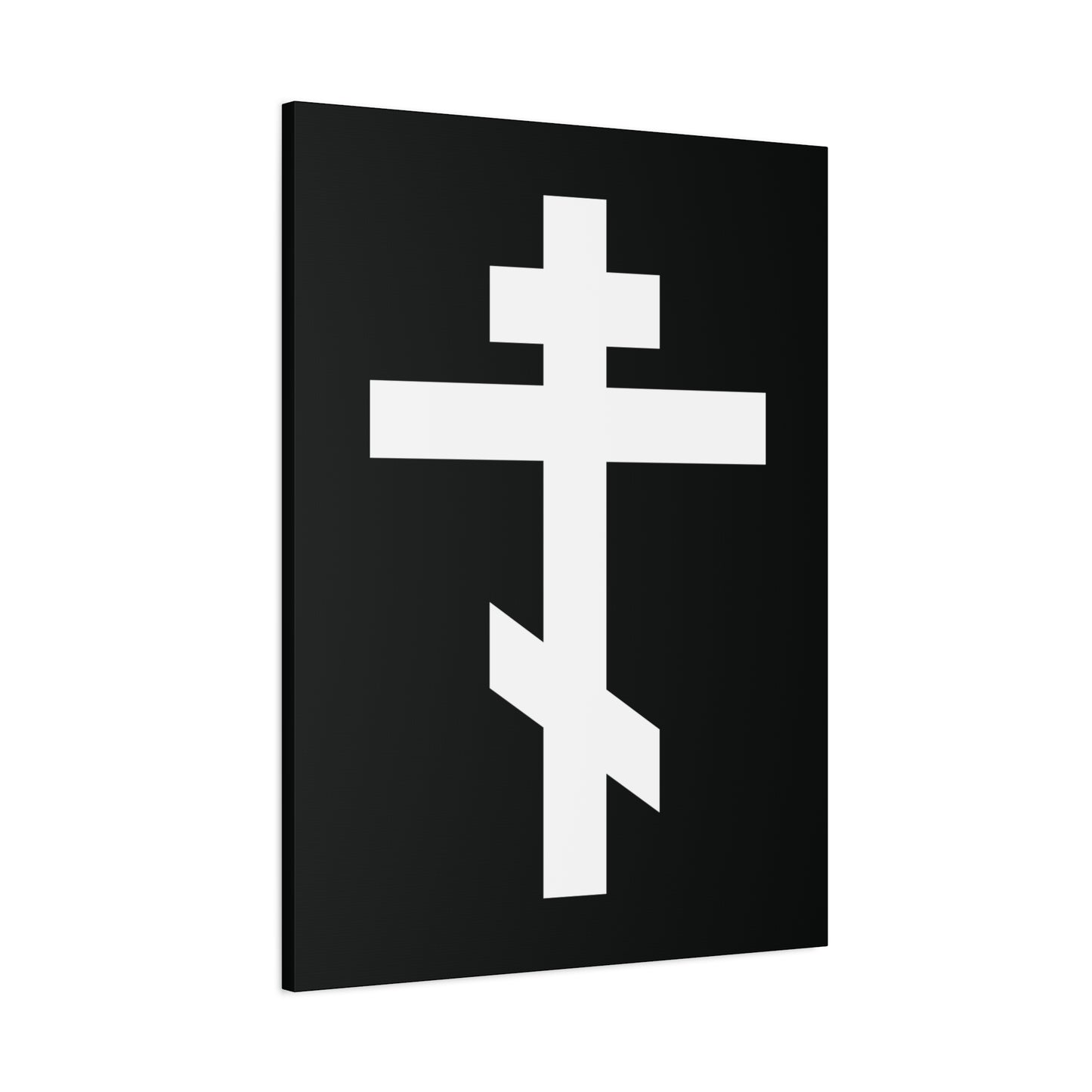 The White Orthodox Cross Canvas Art features a white Eastern Orthodox cross symbolizing Christ, set against a black background with the verse "May I never boast, except in the cross of our Lord Jesus Christ" (Gal 6:14).