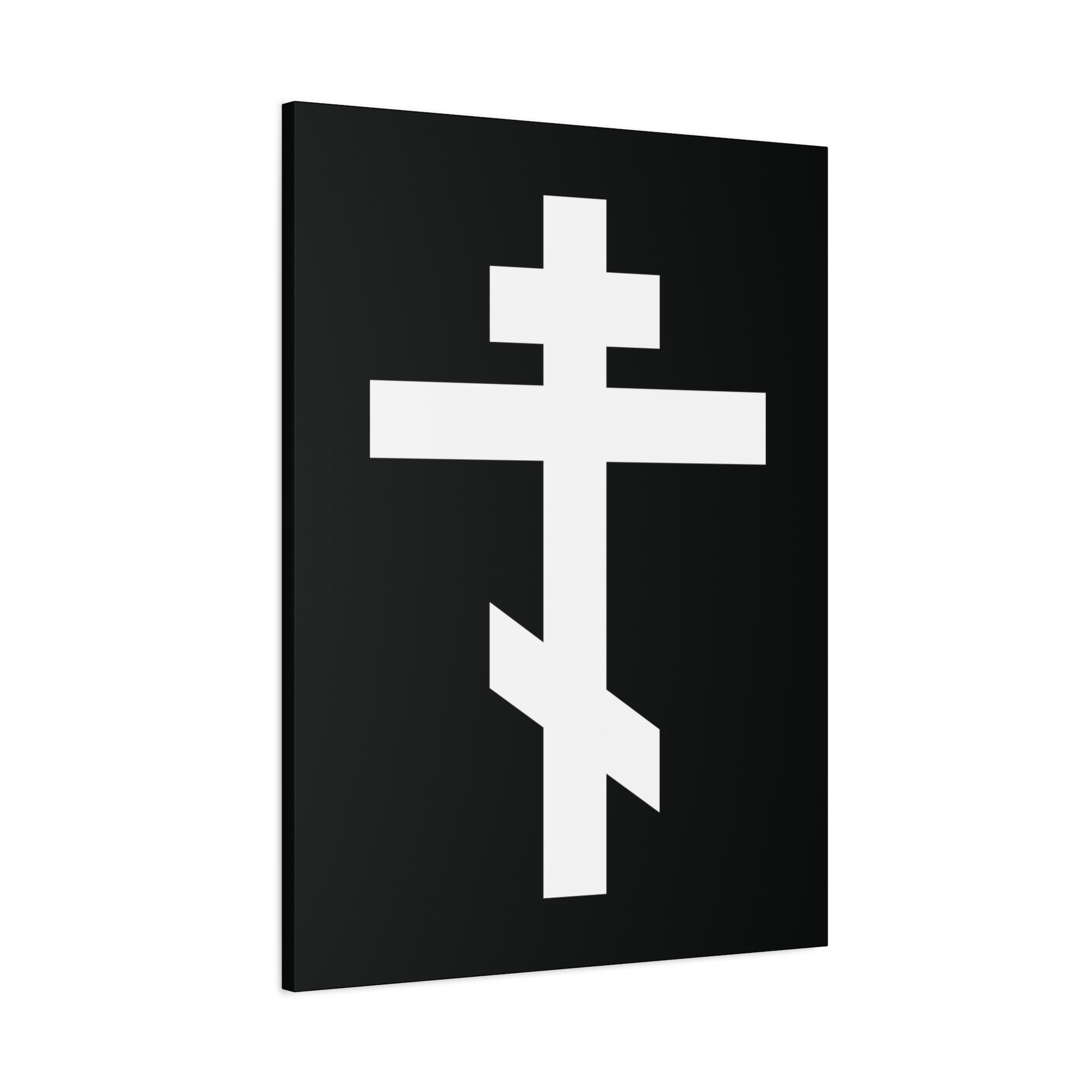 The White Orthodox Cross Canvas Art features a white Eastern Orthodox cross symbolizing Christ, set against a black background with the verse "May I never boast, except in the cross of our Lord Jesus Christ" (Gal 6:14).