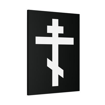 The White Orthodox Cross Canvas Art features a white Eastern Orthodox cross symbolizing Christ, set against a black background with the verse "May I never boast, except in the cross of our Lord Jesus Christ" (Gal 6:14).