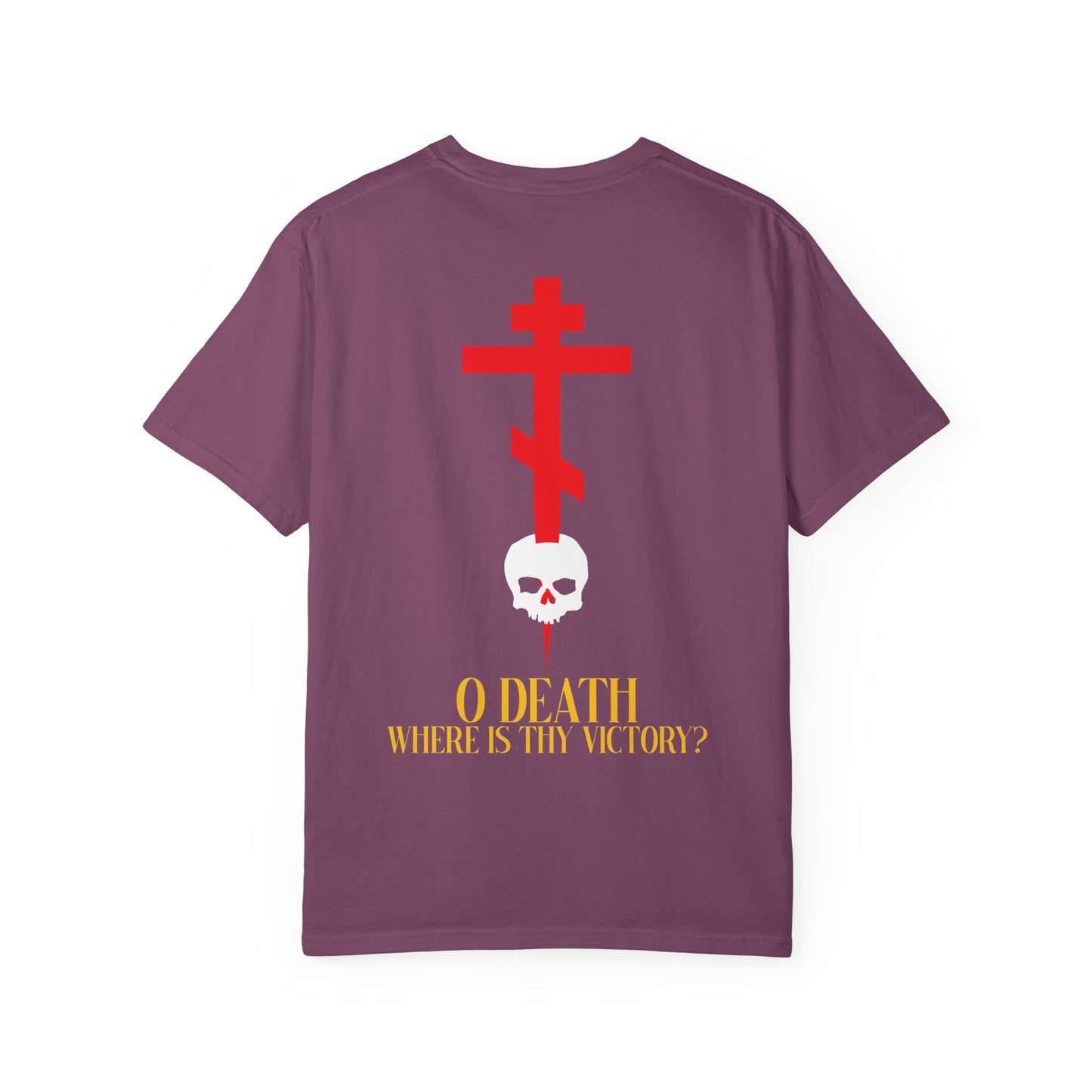 Sure! Here is your rewritten sentence using the provided product data: "O Death Where is Thy Victory? BACK w/ Red Cross on Front Left Breast | Heavyweight Cotton Unisex Tee, featuring a red Orthodox cross on the front left breast, a white skull pierced by a cross and yellow text on the back inspired by the Resurrection and hymns of St Romanos the Melodist.