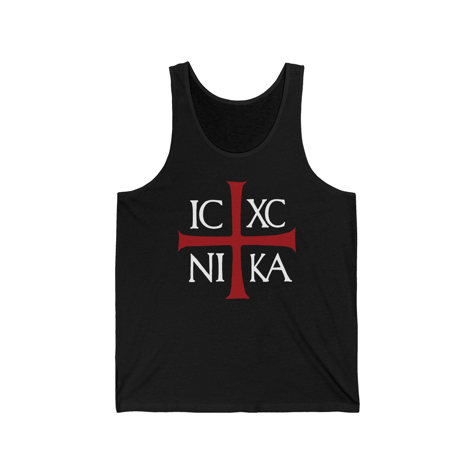Black ICXC NIKA tank top featuring a red cross and white ancient Byzantine Christogram—Jesus Christ Conquers—Orthodox Christian design in cotton, inspired by unshakable love.