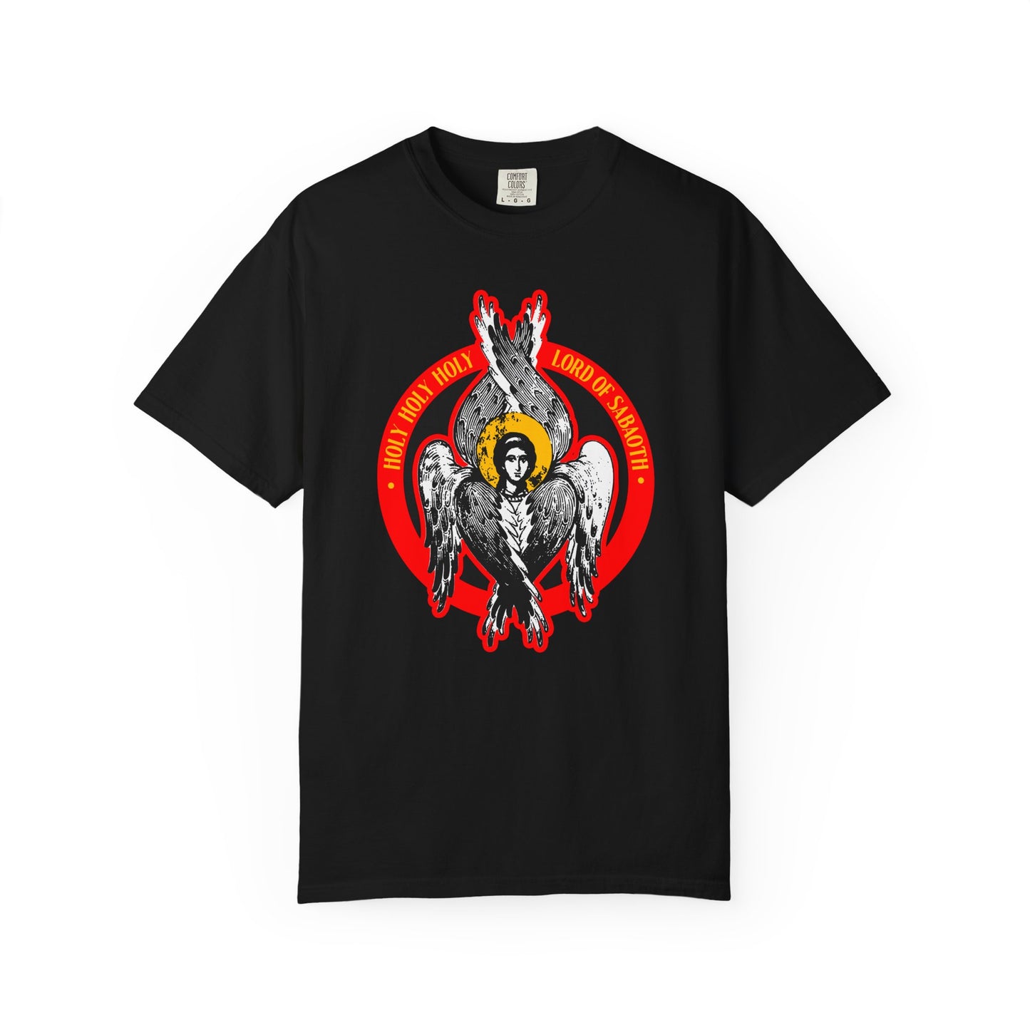 Black heavyweight cotton tee with a seraphim angel icon surrounded by wings, red flames, and the words “HOLY HOLY HOLY LORD OF HOSTS,” inspired by Isaiah 6. Unisex fit.